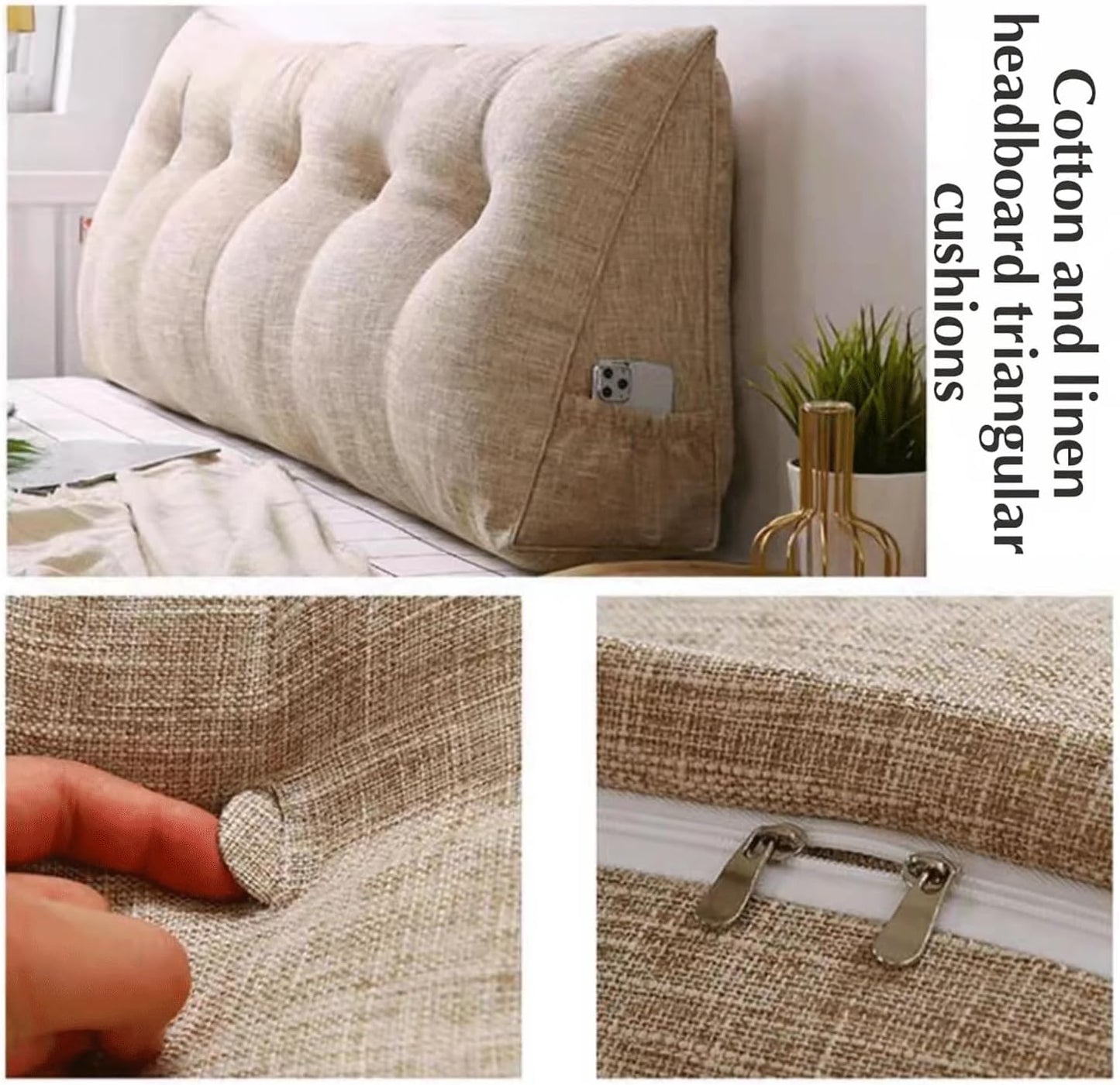 Triangular Headboard Pillow Wedge Reading Bed Rest Pillow Linen Cotton Bolster for Daybed Backrest Positioning Support Cushion with Removable Cover(Size:120x50x20cm,Color:A)