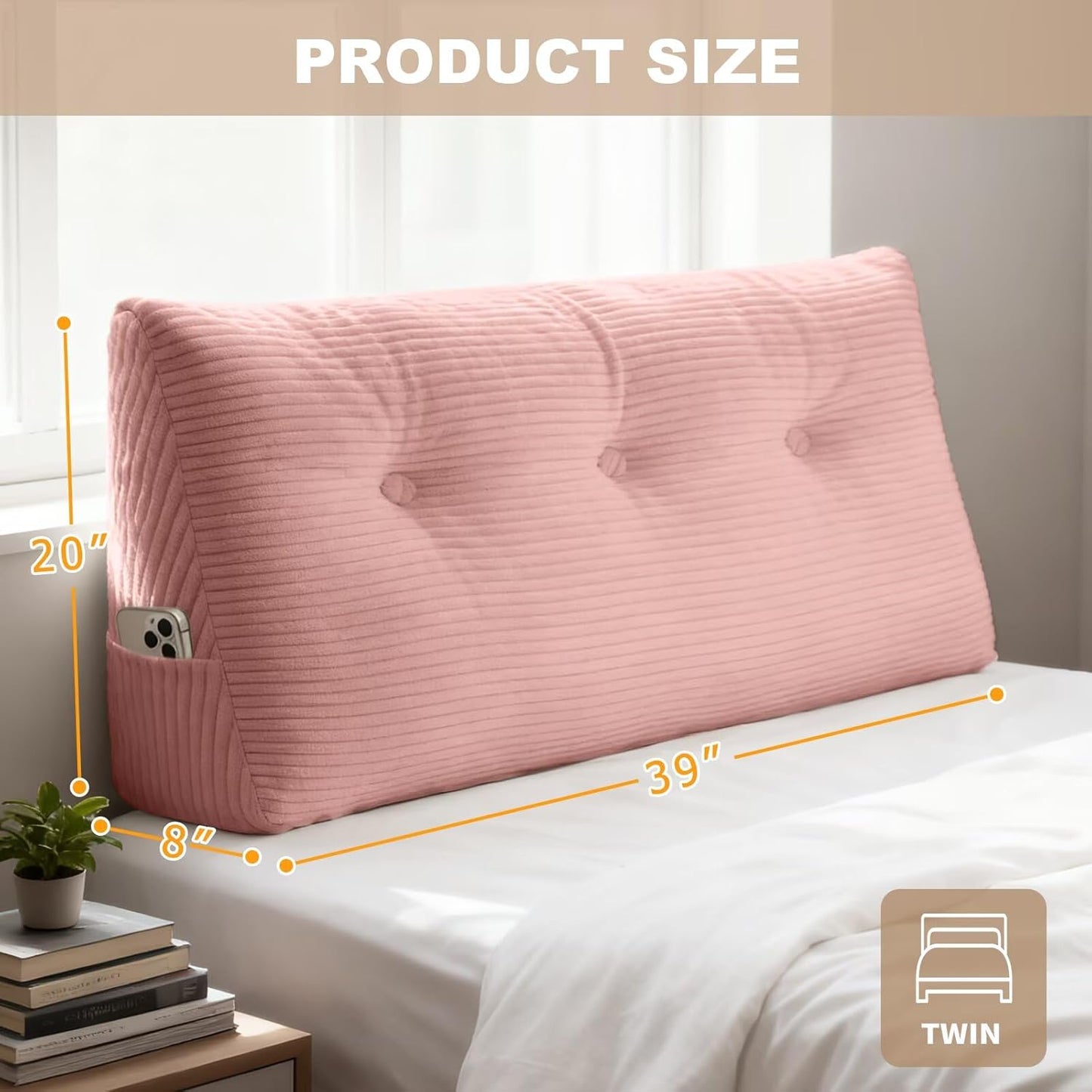 Wedge Pillow Headboard Twin/Twin XL Triangular Bed Wedge Pillow for Headboard, Headboard Pillow Reading Pillow for Daybeds and Bunk Beds with Removable Velvet Cover