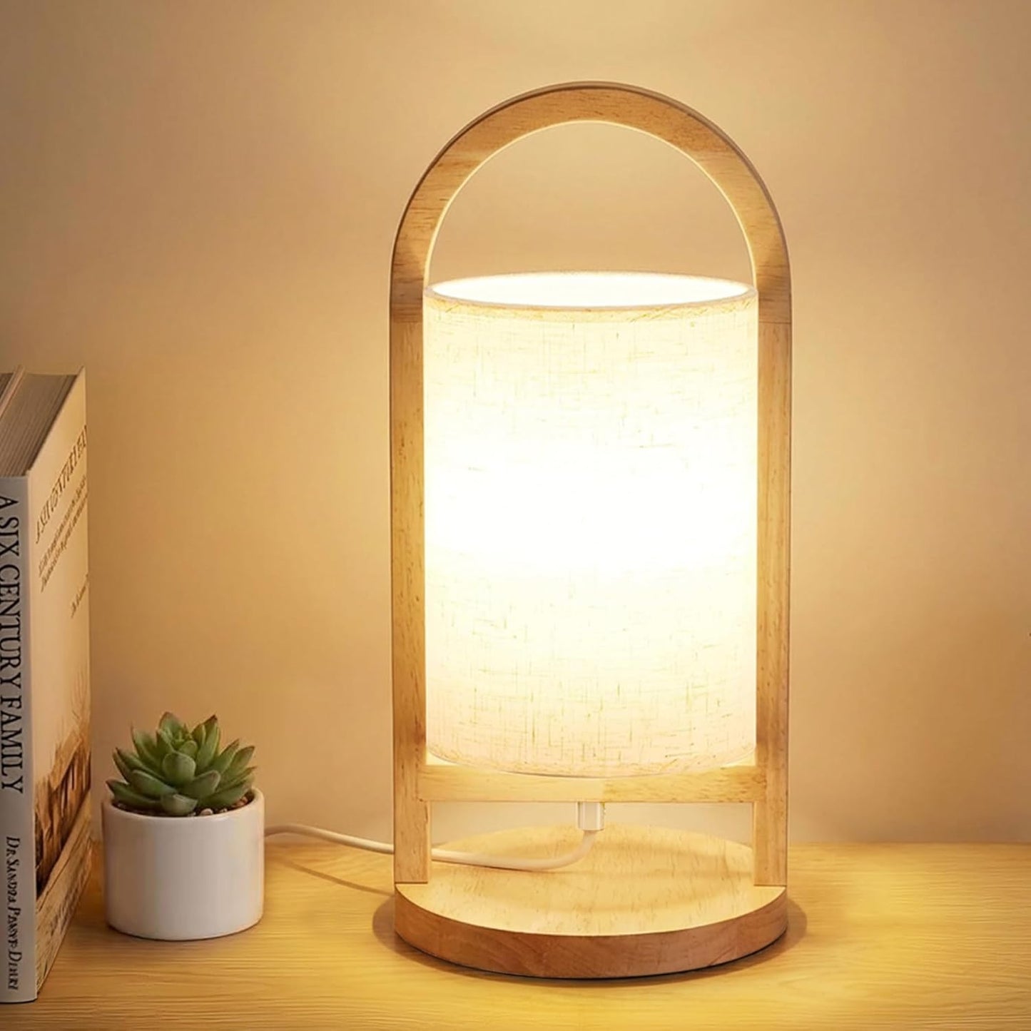 Small Table Lamp with Handle, 3 Color Temperature Bedside Lamp for Bedroom, Wood Base with Linen Shade, Portable Modern Nightstand Lamp for Living Room, Office & Dorm (LED Bulb Included)