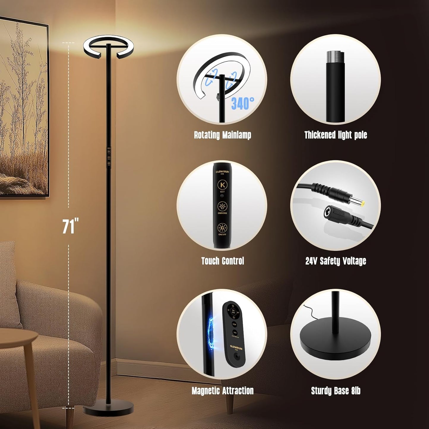 GLOWRIUM-H3B Floor Lamp for Bedroom, 71 Inch Bright LED Modern Corner Lamp with Remote, 4 Color Temperatures Tall Standing Reading Lamp with Timer for Bedroom, Stepless Dimmable, Rotatable Head