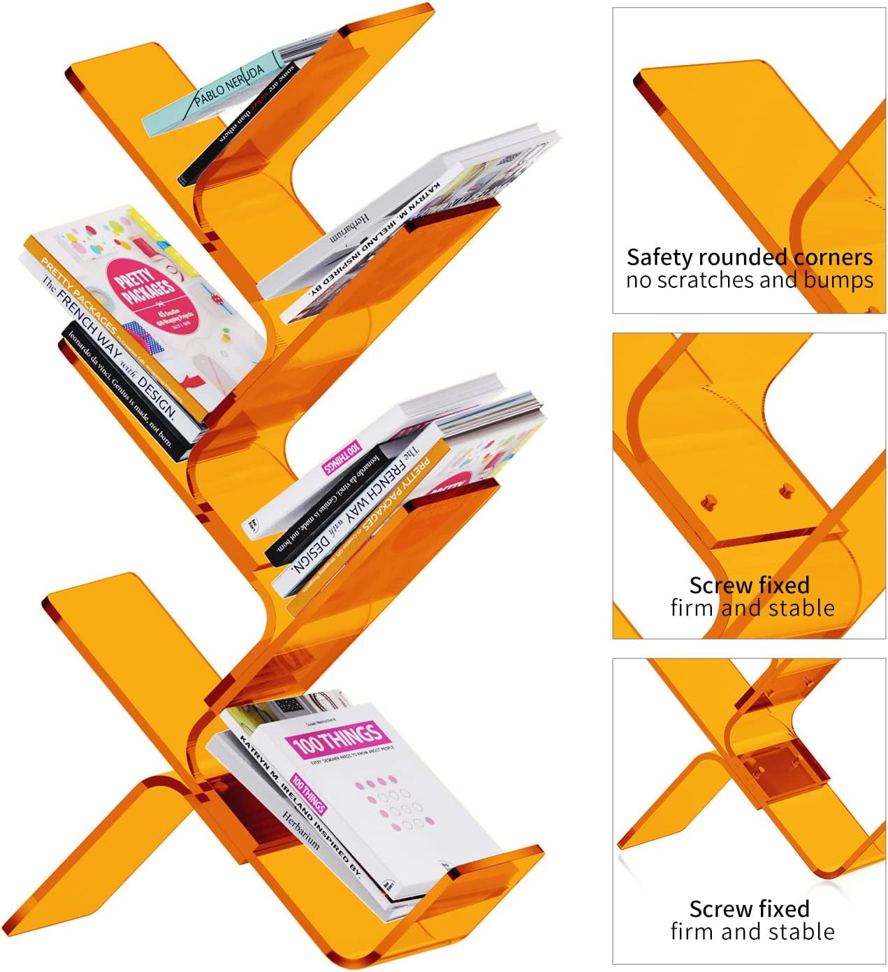 Acrylic Tree Bookcases Modern Clear Bookshelf Standing Bookcase Tree Organizer Decorative Storage Rack (Orange, 24.4'' x 7.9'' x 36.2'')