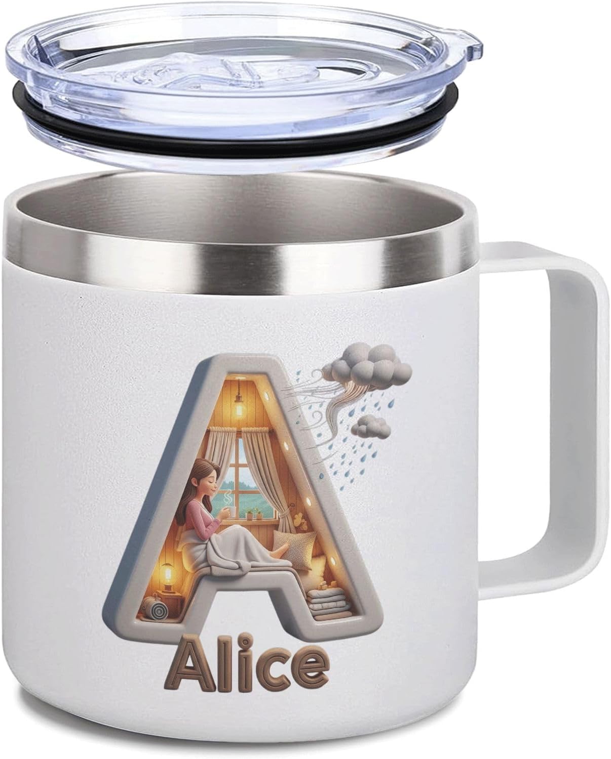 Personalized Insulated Coffee Mug with Lid and Handle, 14oz Stainless Steel Tumbler Cup with Custom Name Alice and Initial A, Cozy Reading Design Gift for Women, Book Lovers