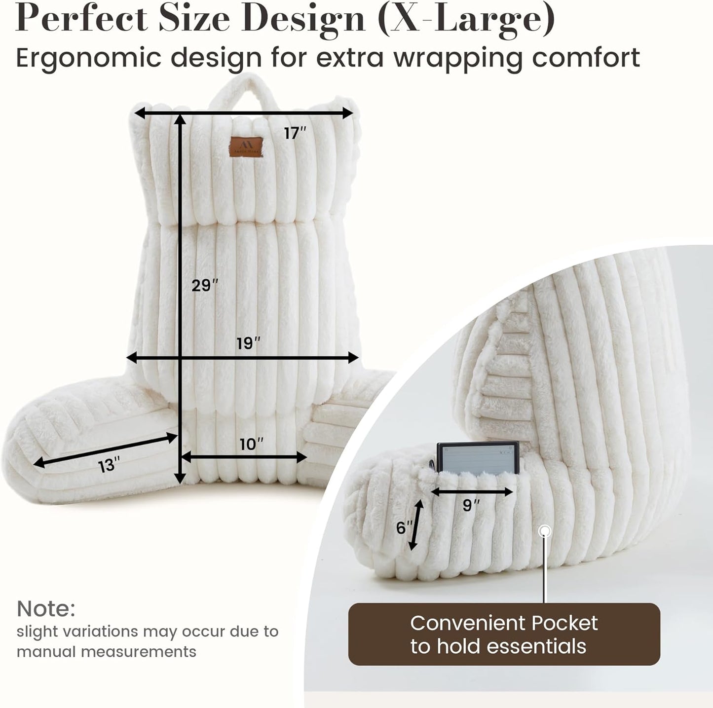 Amélie Home Faux Fur Reading Pillow with Pocket for Sitting in Bed, Adult Backrest Bed Pillow with Washable Cover for Lounging, Watching TV/Gaming/Resting/Post/Surgery/Nursing, Ivory, 29 inches