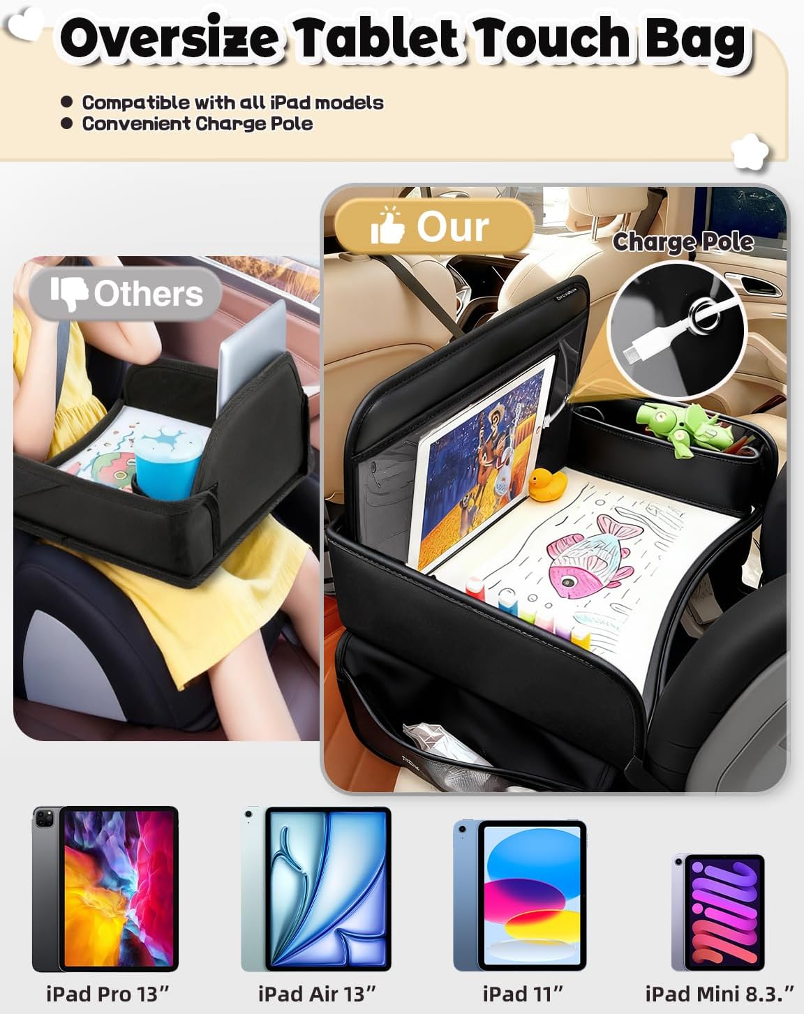 Leather Kids Travel Tray for Car - Car Seat Tray for Kids Travel, Road Trip Essentials, Carseat Table for Roadtrip Activities - Must Have Toddler Lap Desk Organizer for Airplane (Black)
