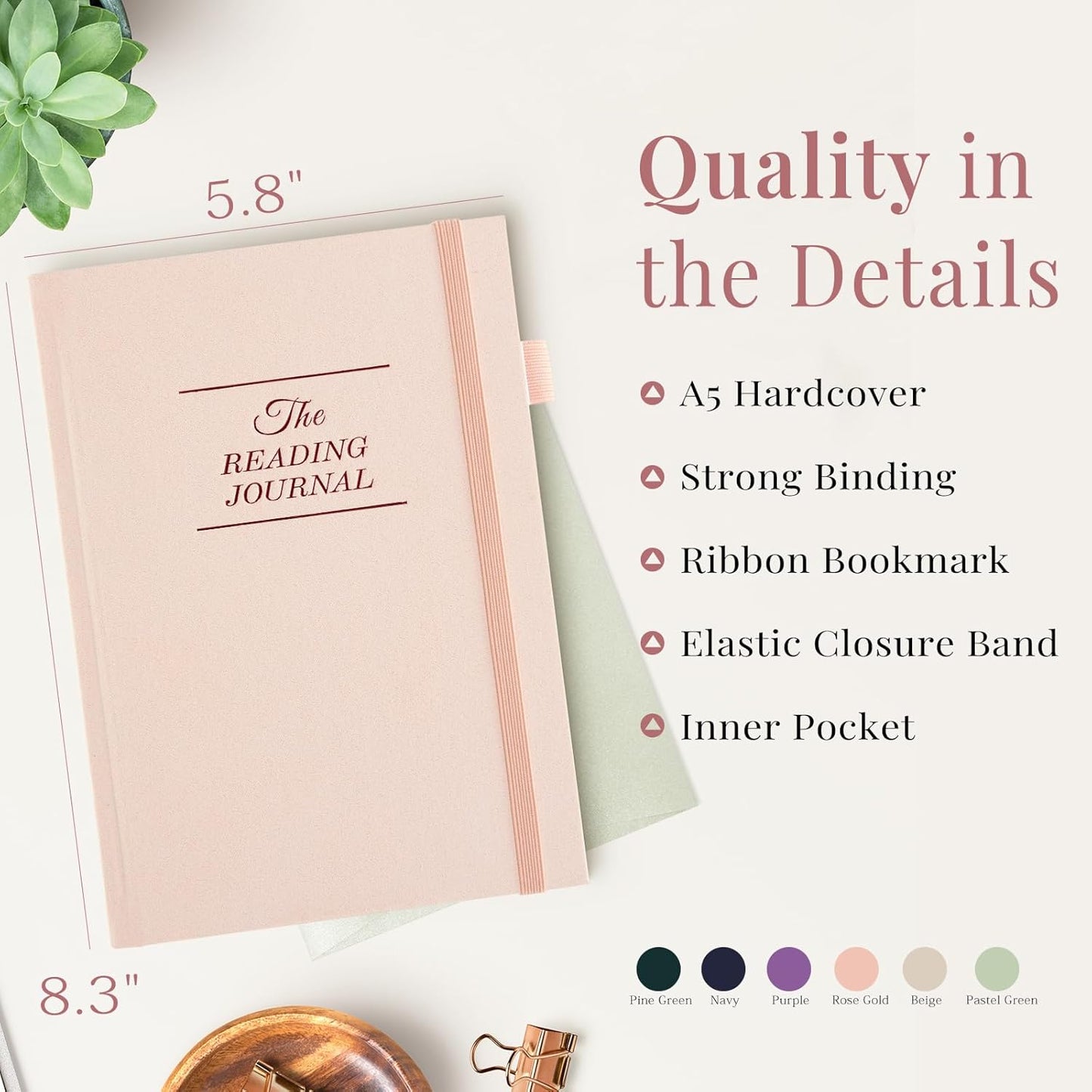 Reading Journal A5- Book Log for 75 Reviews & Progress Tracking - Gift for Book Lovers -Rose Gold