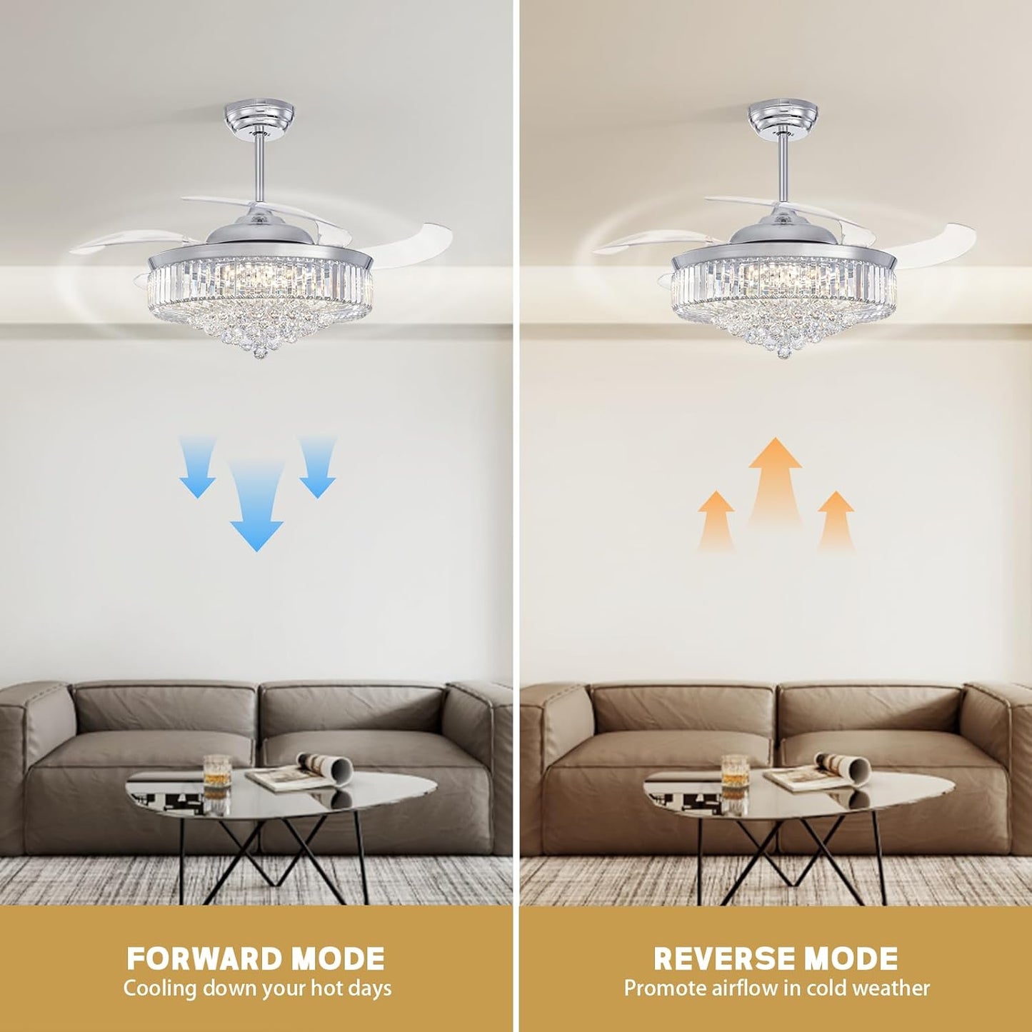 52 Inch Fandelier Ceiling Fan with Lights and Remote, Dimmable Crystal Chandelier Fan, LED Crystal Fan Light Kit for Dining Room Bedroom-Chrome