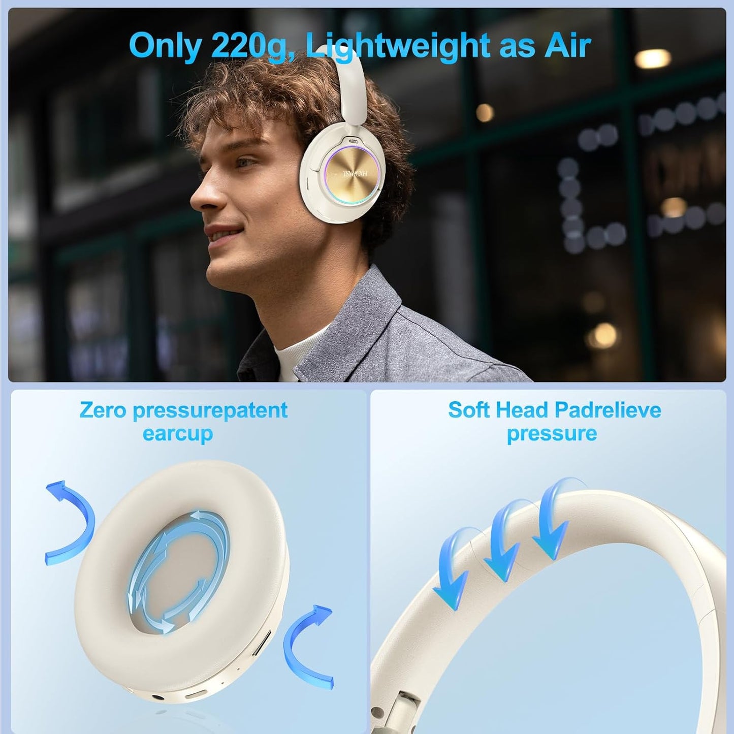 Noise Cancelling Over Ear Wireless Bluetooth Headphones with Microphone, 65h Playtime, Clear Calls, Comfort Fit for Travel (Beige)