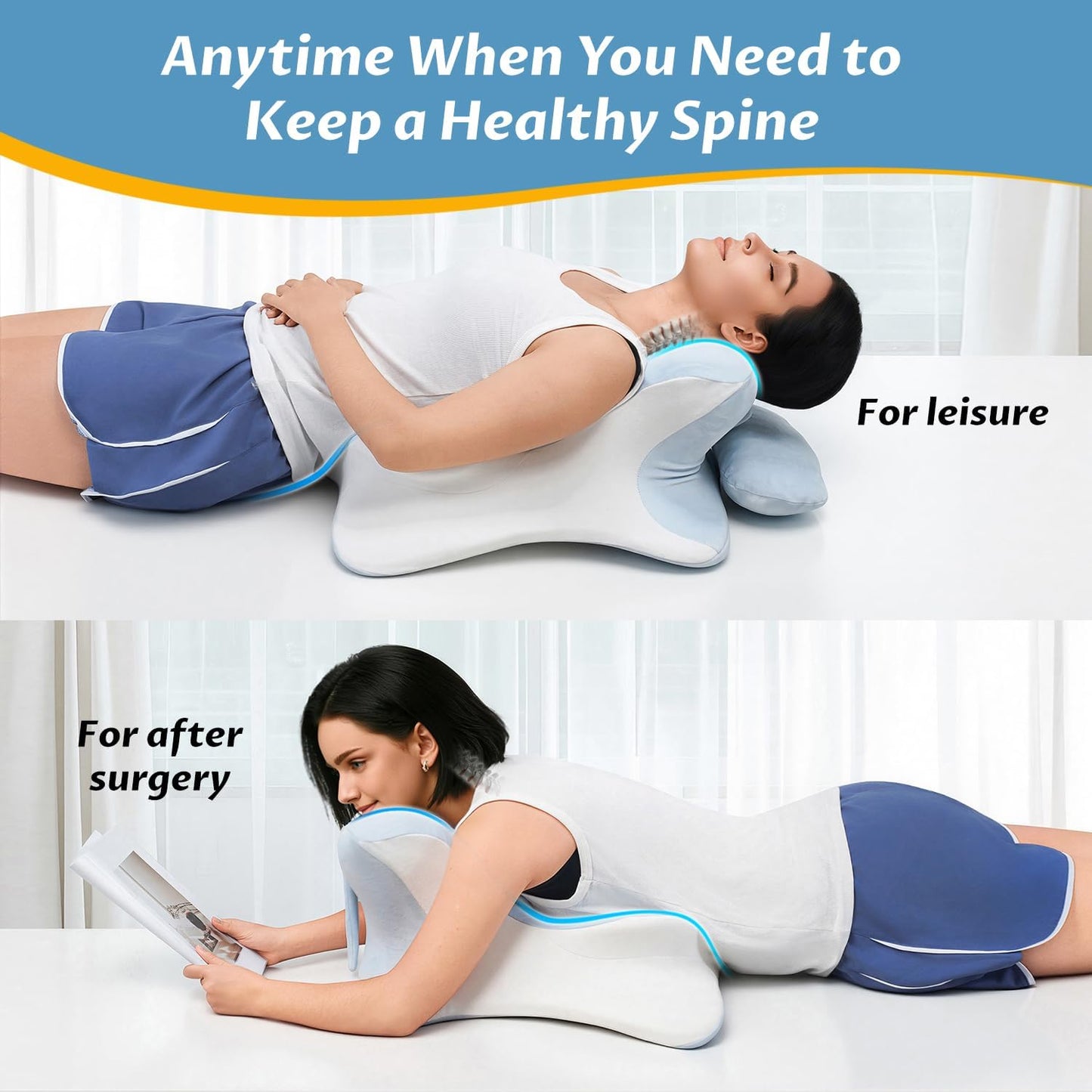 Upgraded Reading Pillow for Bed, Lying, Stretching for Spine Alignment w Extra Neck Pillow- Cushiony Ergonomic Bed Wedge Cervical Traction Device for Neck&Shoulder Relax-Blue