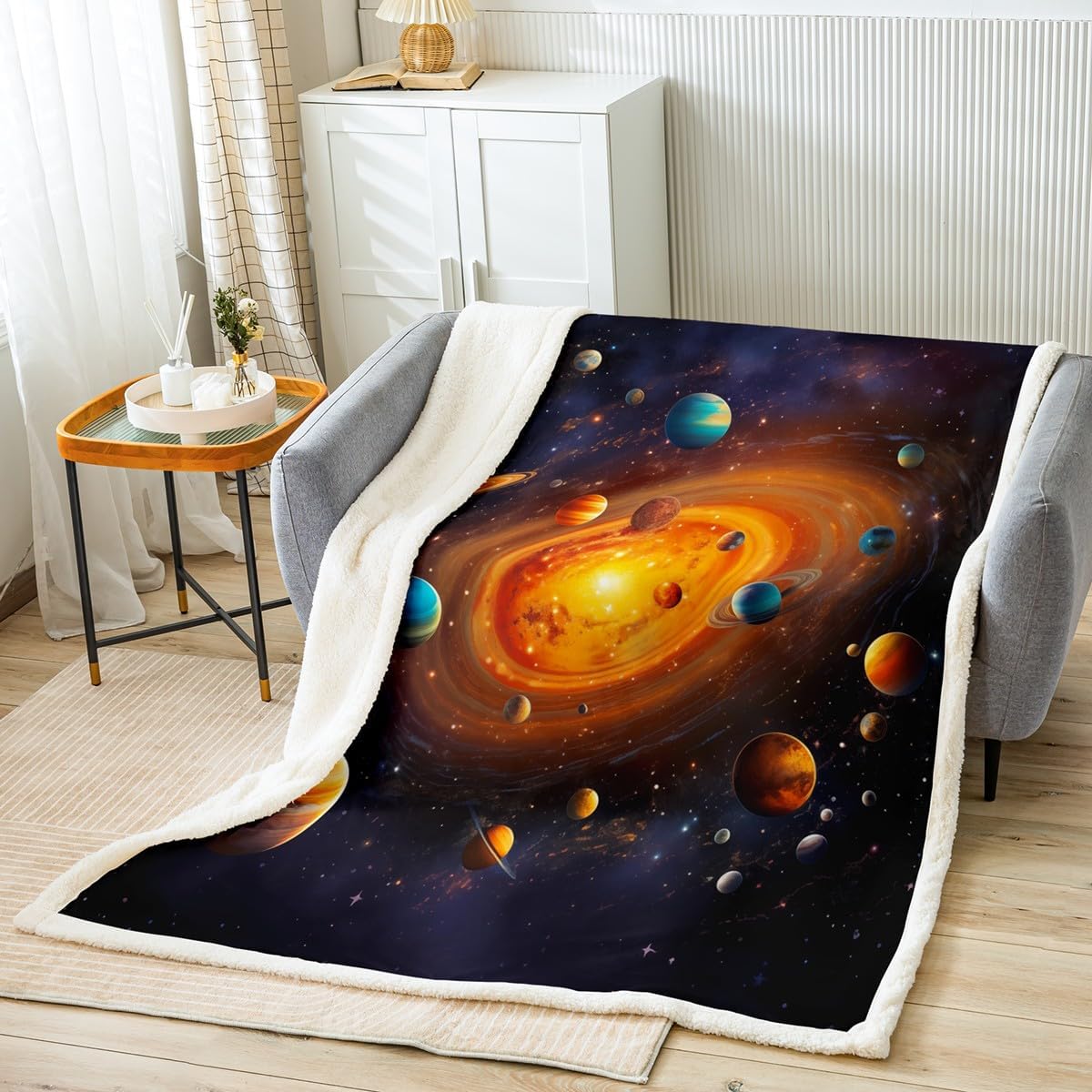 Feelyou Space Sherpa Blanket Purple Galaxy Fleece Throw Blanket for Kids Boys Girls Outer Space Plush Blanket Earth Planets Stars Fuzzy Blanket for Sofa Bed Couch,Throw 50x60 Inches