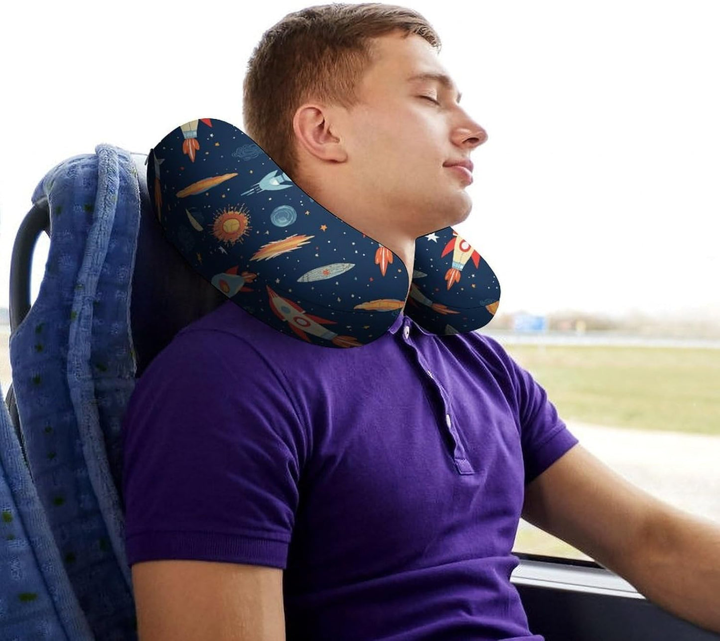 Rocket in Space Neck Pillow Memory Foam U Shaped Pillows Portable Pillows for Shoulder Travel Head Support Pillow with Concealed Zipper for Airplane Car Home Office