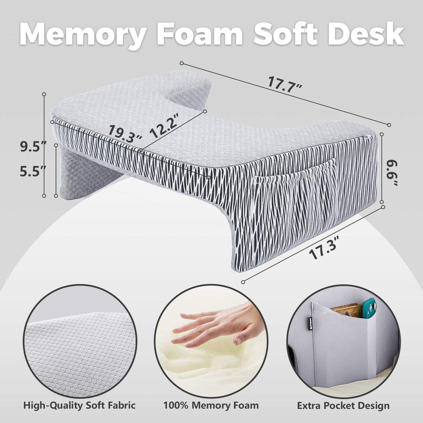 Reading Pillow for Bed, Petite Adults, Teens Arm Rest Pillow, Reading Lap Pillow, Memory Foam Lap Desk Pillow for Reading, Working, Playing, Crocheting in Bed Couch(Ash Grey)