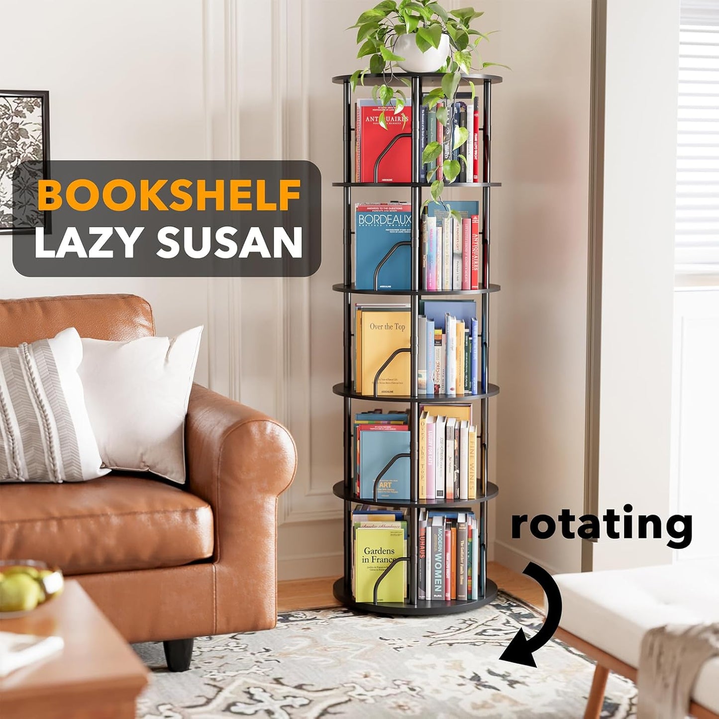 SpaceAid 5 Tier Rotating Bookshelf Tower, 360 Display Stackable Spinning Bookcase, Space Saving Revolving Round Book Shelf, Floor Standing Swivel Corner Organizer, Black