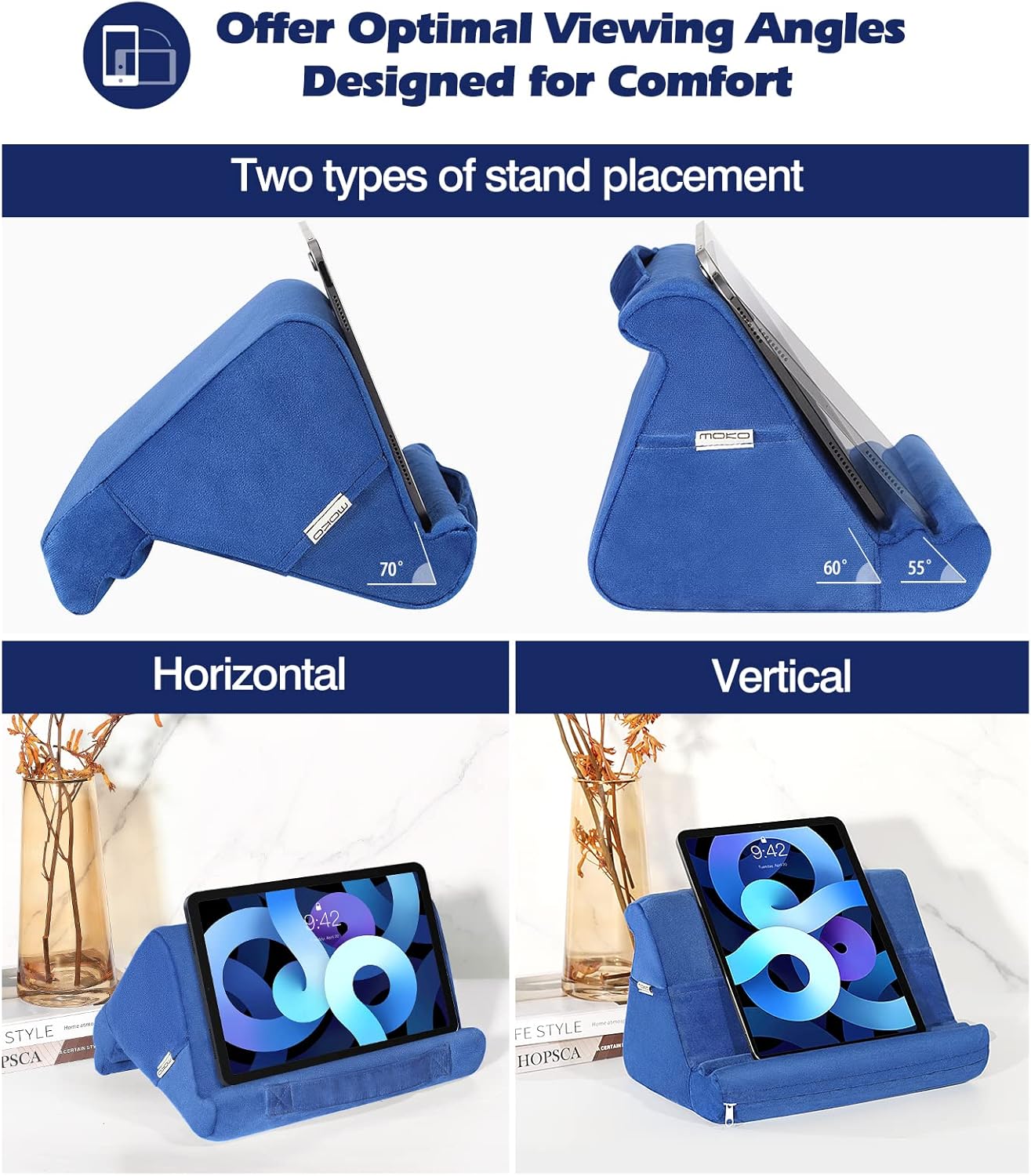 MoKo Tablet Pillow Stand, Soft Tablet Cushion Stand, With Multiple Viewing Angles and Storage Pocket, Fits iPad 10.2 2021/iPad Air 5/4/3/iPad Pro 11/12.9 2022, iPad 10th,Galaxy Tab, iPhone, Book, Blue