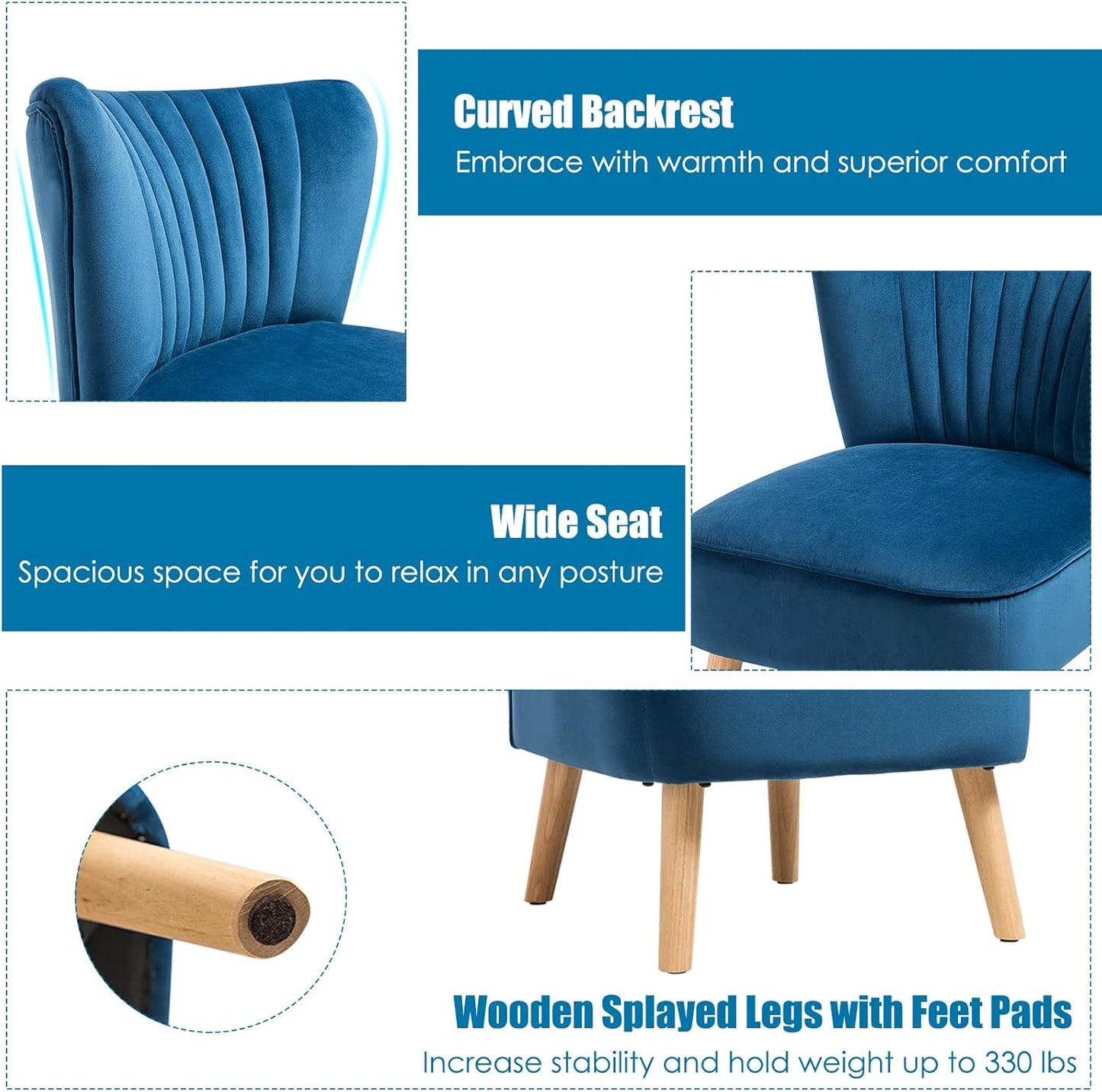 KOTEK Velvet Accent Chair, Modern Armless Accent Chair w/Solid Rubber Wood Legs, Upholstered Side Chair Club Sofa Chair Slipper Chair for Living Room Bedroom (Blue)