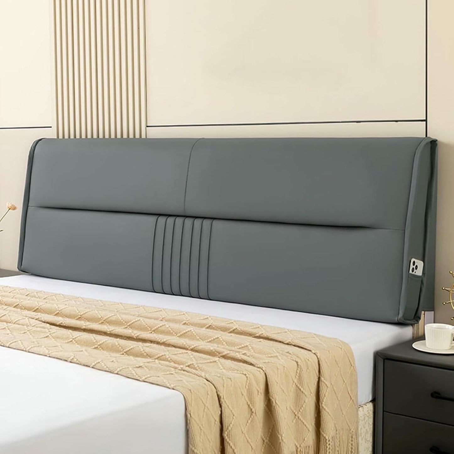 Large Support Backboard Headboard Wall Pillow Solid Color Wipeable Bedside Backrest Full Bed Rest Pillow Lumbar Support Pillowboard for Dorm Daybed,Beige,Paste/79x23x2In