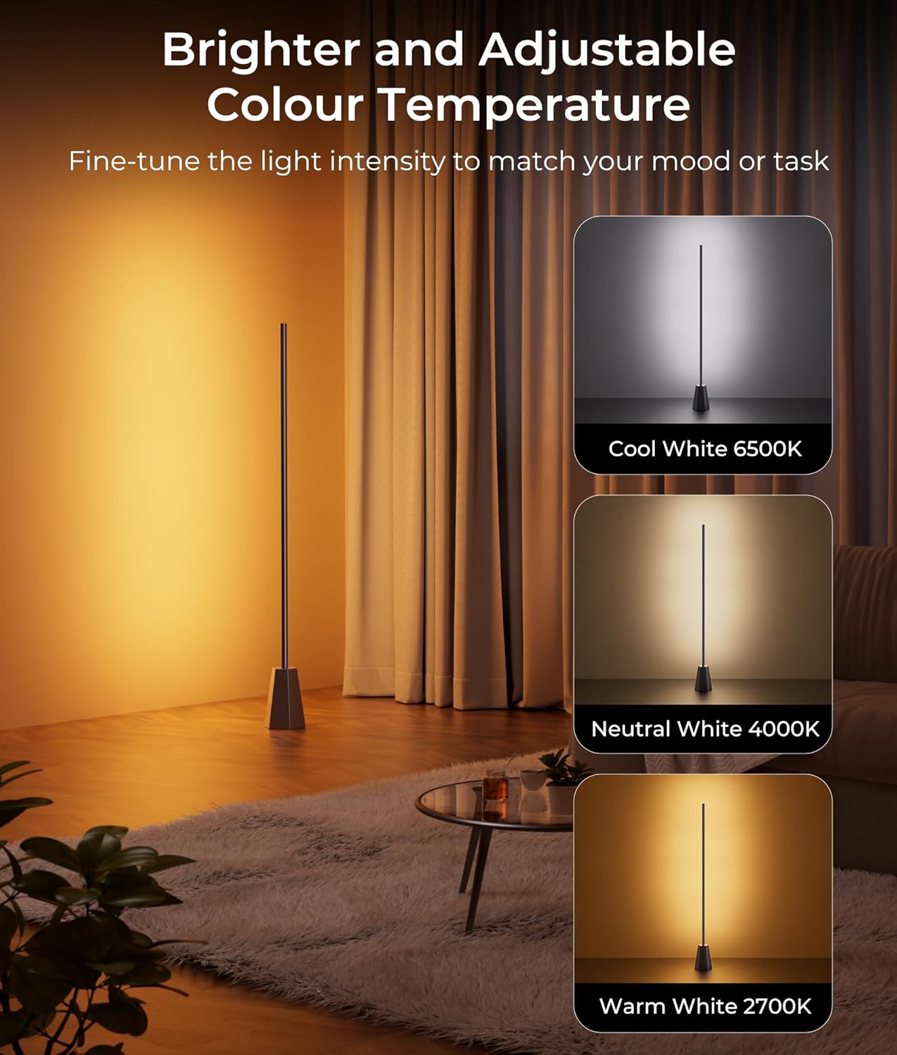 RGBCW Corner Floor Lamp, Smart Floor Lamp pro, Upgraded 1500lm, 16 Million Colors, Music Sync,2700-6500K, LED Corner Lamp with Alexa & Google Compatible, Led Floor Lamps for Living Room Bedroom Gaming