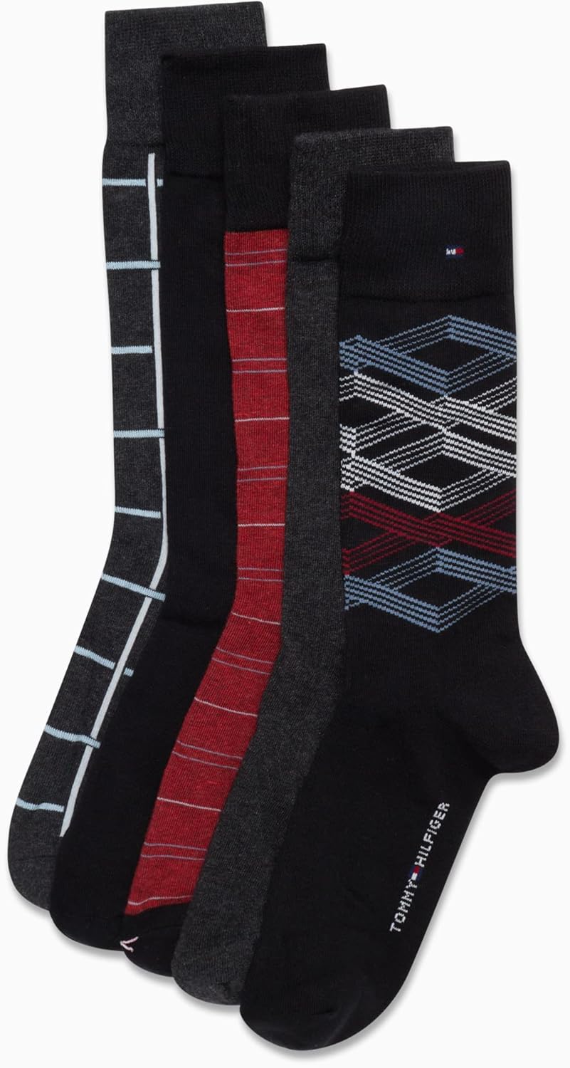 Tommy Hilfiger Mens Dress Socks - 5 Pack Lightweight Patterned Everyday Long Work Socks for Men for Casual & Formal Wear