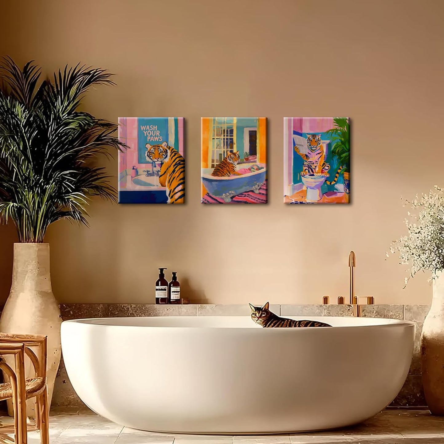 Funny Tiger Bathroom Wall Art Set of 3 Whimsical Tiger in Bathtub Canvas Wall Decor Painting Maximalist Animal Bathroom Poster Print Aesthetic 16x24 inch Framed