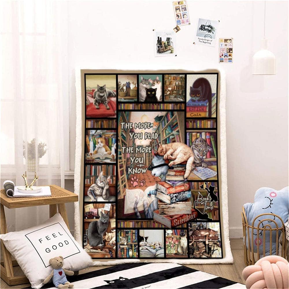 Book Lovers Throw Blanket, Cat Lovers Blanket, Soft Cat & Books Blanket for Sofa, Couch, Beds Decoration, Christmas 50x60