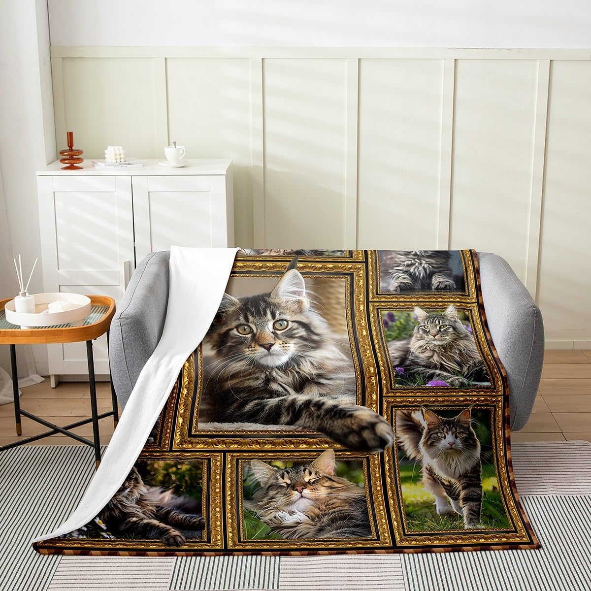 Feelyou Maine Coon Fleece Throw Blanket for Sofa Couch Cute Cat All Season Bed Blanket Throw 50"x60" Kawaii Kitten Pet Fuzzy Blanket Gift for Maine Coon Lover Fuzzy Blanket Flannal Blanket