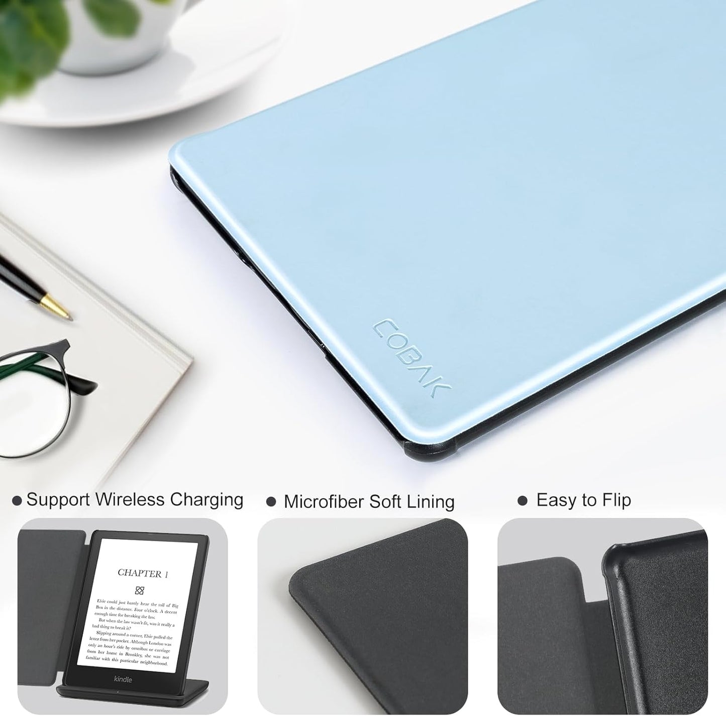 CoBak Case for ereader - All New PU Leather Smart Cover with Auto Sleep Wake Feature for ereader, Light Blue-24-2403131010-T