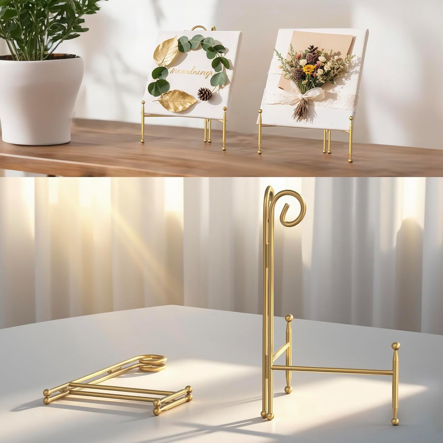 Display Stand for Plate, Foldable Metal Plate Stand for Table, Decorative Easel Holder for Picture Frames, Photos, Wedding Cards, Sign Posters, Cavas, 6-inch Gold