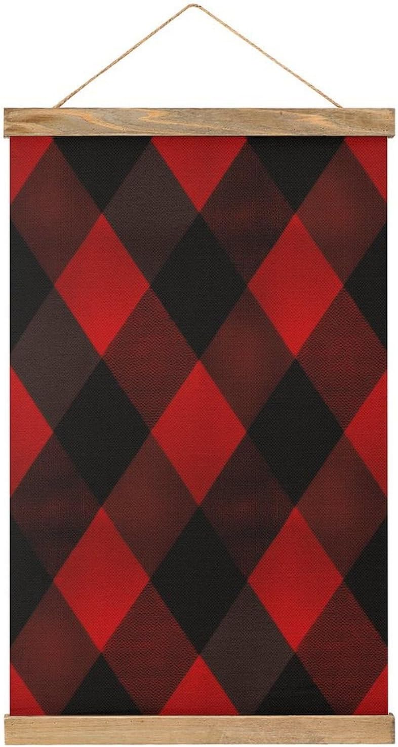 Vintage Plaid Red And Black Poster with Wooden Frame Personalized Linen Hanging Scroll Painting Rustic Wall Hanging Illustrative Modern Artwork Decor for Home Living Room Bedroom Office