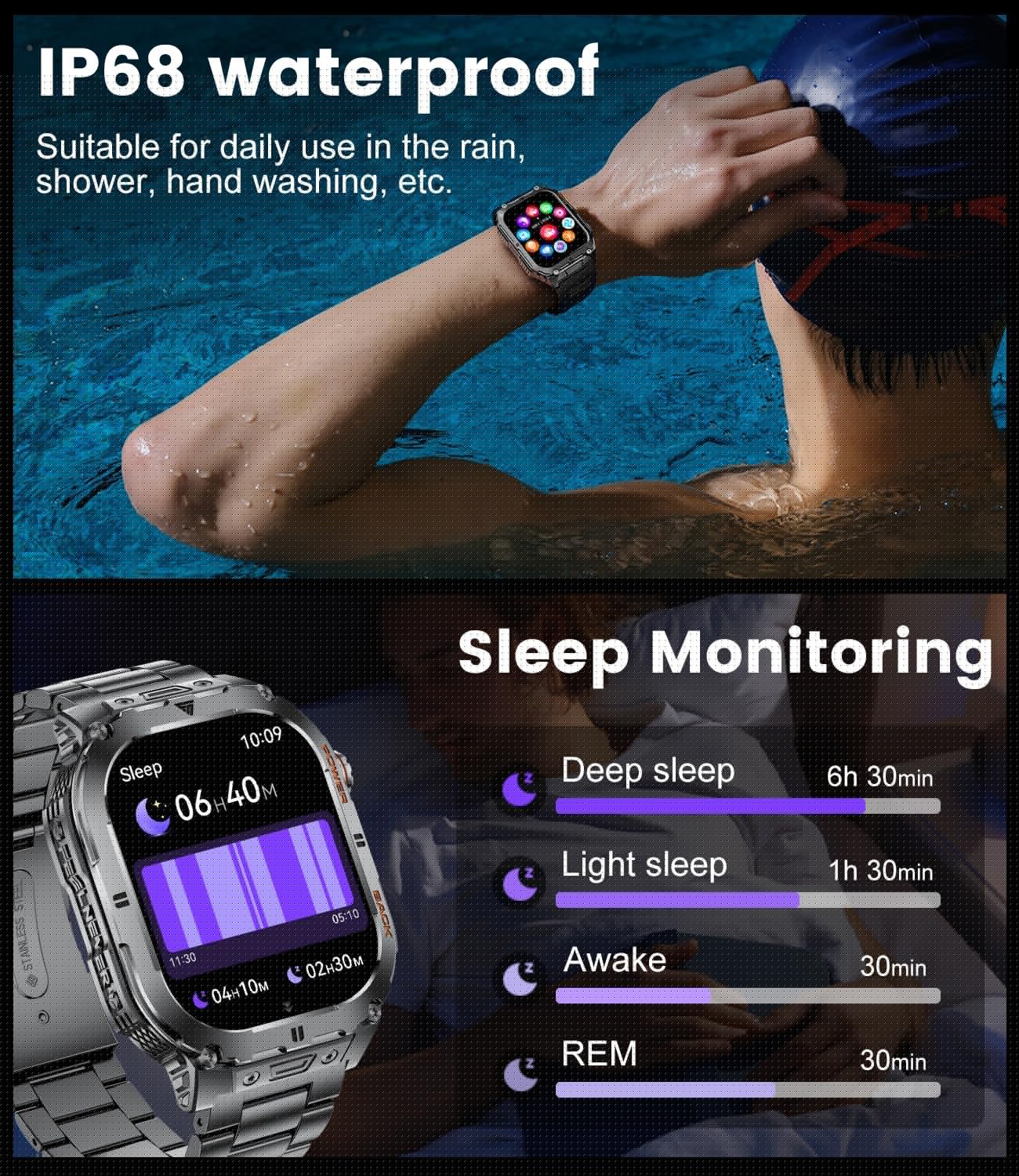 SUNKTA Military Smart Watch for Men,2.13''AMOLED/430mAh Battery Smart Watches with LED Flashlight for Android iOS (Bluetooth Call Answer/Calls) Fitness Tracker with Heart Rate/Sleep Tracking Black