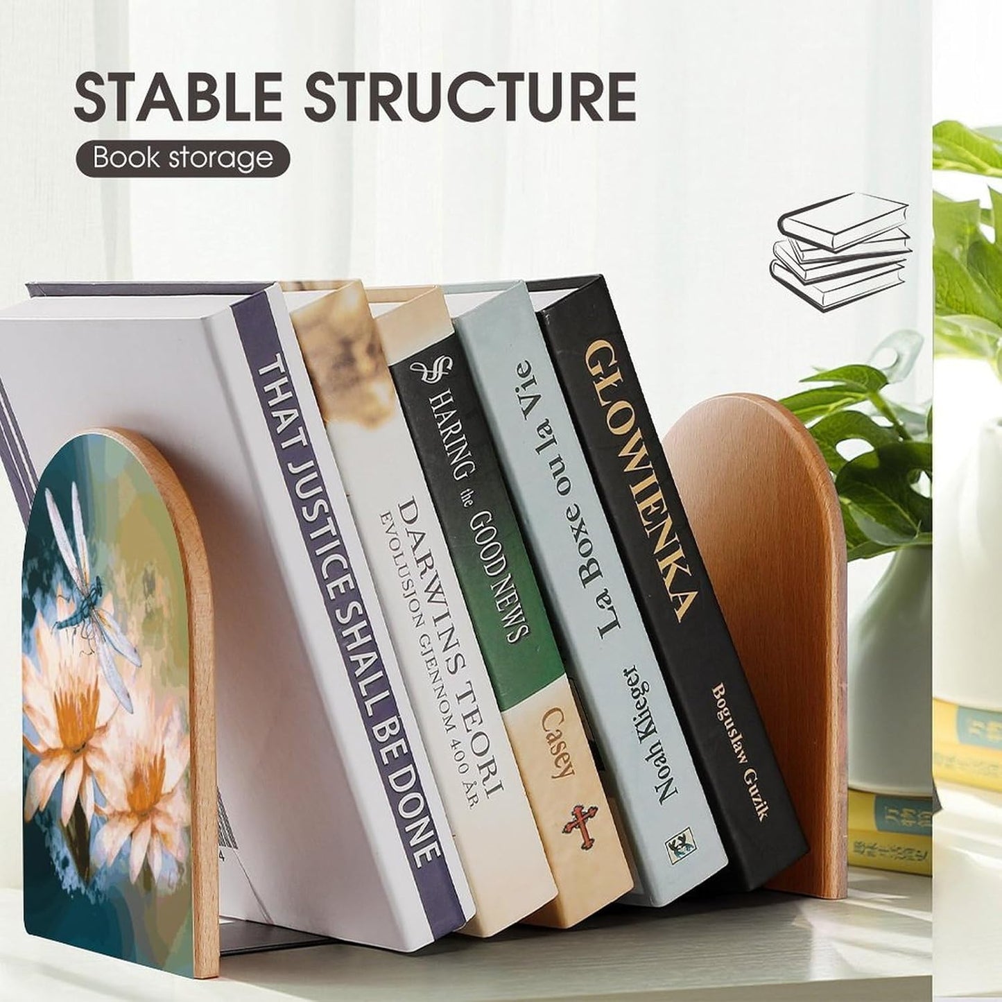 Flying Dragonflies Lily Flower Bookend for Shelves Wooden Book End Large Size Sturdy Book Holders Stoppers with Metal Base for Bookshelves Slick Decorative Bookends Stands
