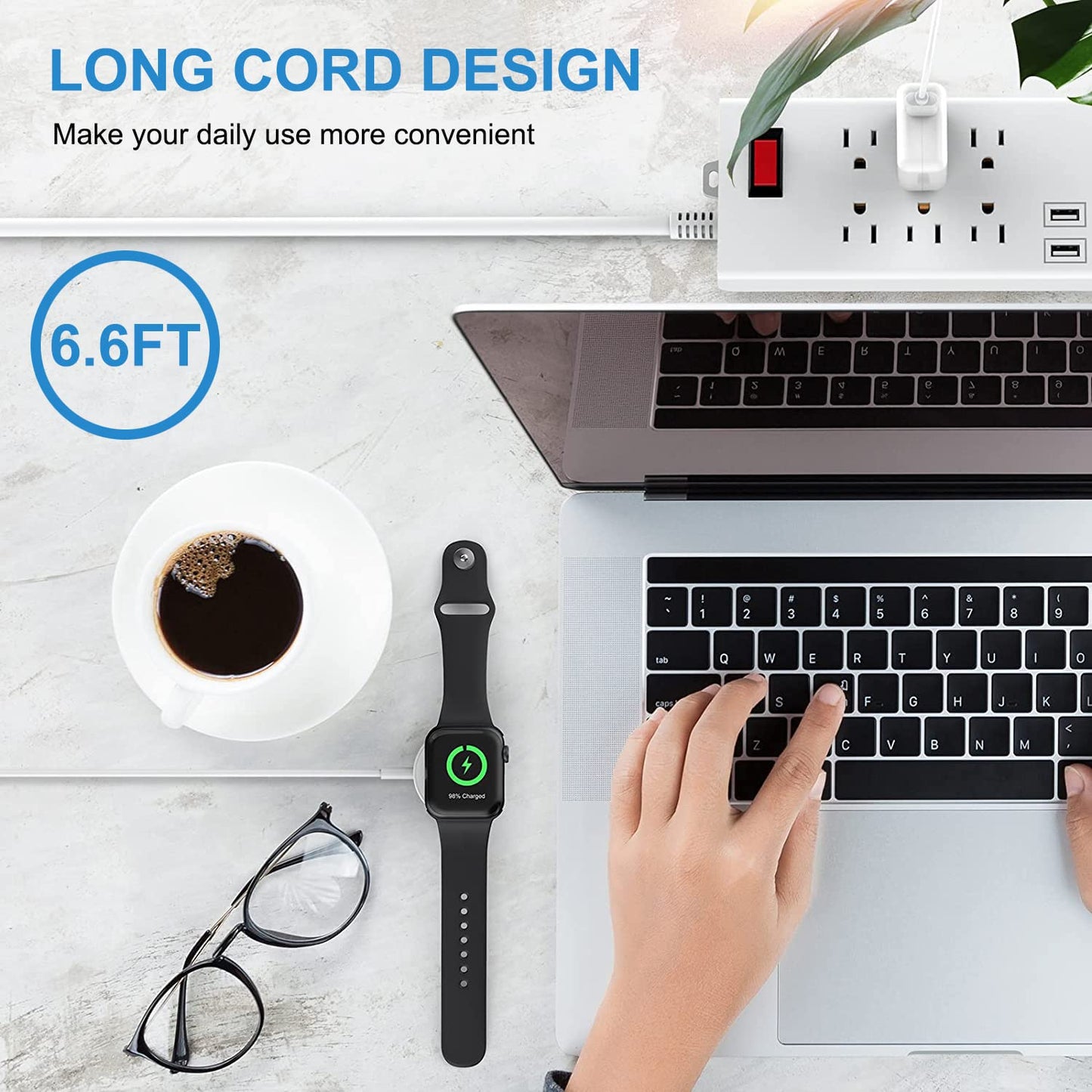 Watch Charger for Apple Watch Charger, Long 6.6FT iWatch Portable Wireless Fast Charging Cable Cord with USB Wall Charge Plug Adapter Block Compatible with Apple Watch Series 9/8/7/SE/6/5/4/3/2/1