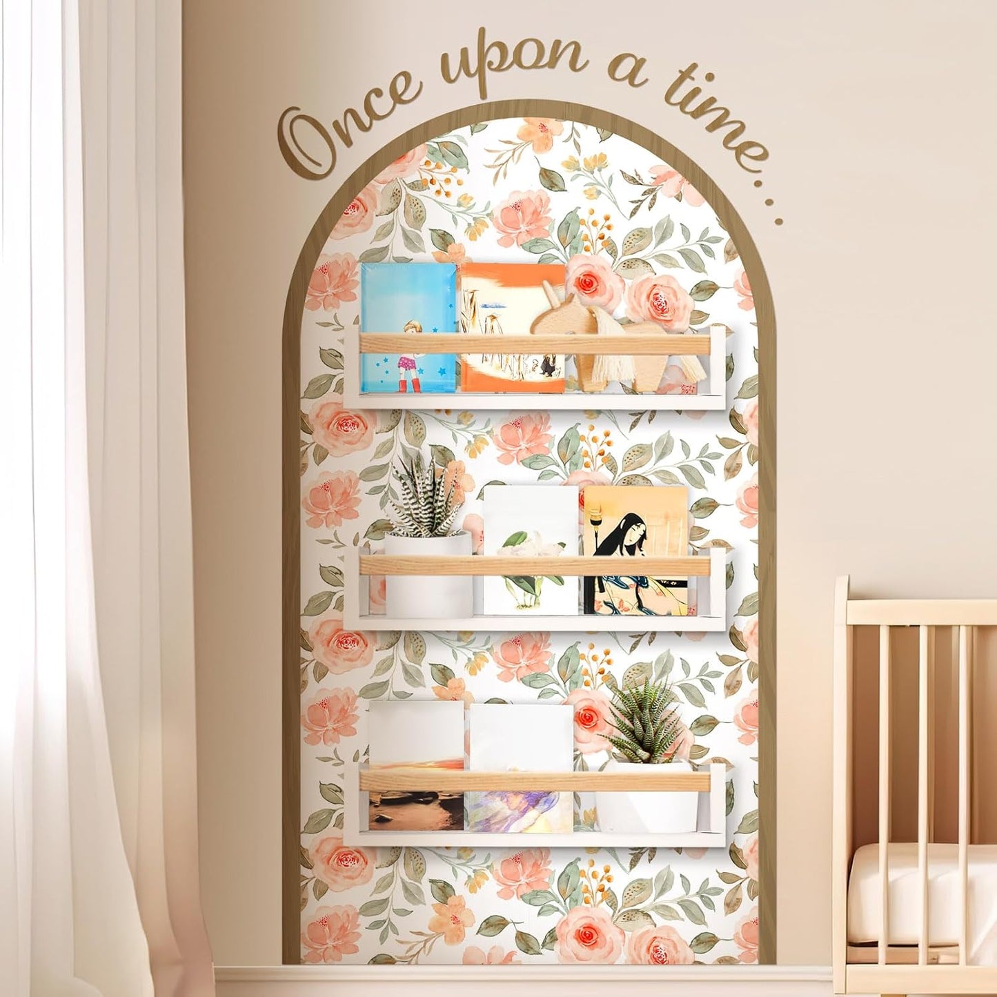 Pinkunn Flower Arch Wall Decals with Wooden Book Shelves Once Upon a Time Sign Decals Peel Bedroom Reading Corner Decor Hanging Decor for Family Wall Bookshelf Bedroom Living Room