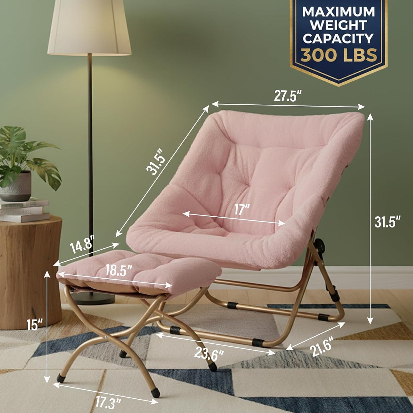 Tiita Folded Chair with Ottoman, Soft Faux Fur Oversized Folding Accent Chair,Lazy Chair, Metal Frame Moon Chair for Bedroom, Living Room, Dorm Rooms, Garden and Courtyard