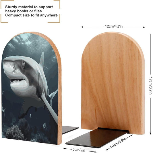 Shark Wooden Bookend Non-Slip Book Ends Heavy Duty Book Stopper with Metal Base Books Holderd Decorative Bookends Stands Firmly for Office Supplies