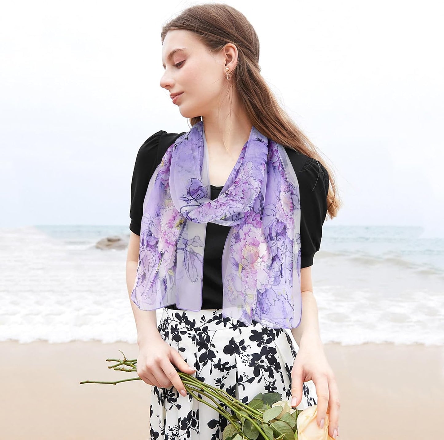 E-Clover Herebuy - Unique Women's Floral Scarves: Chiffon Flowers & Birds Printed Scarf
