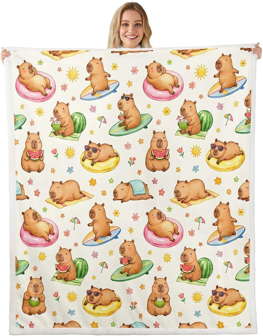 Feelyou Capybaras Sherpa Throw Blanket for Couch Beach Theme Super Soft Cozy Fleece Watermelon Blanket for Winter, Plush Throw Capybara Gifts Throw 50"x60" All Season