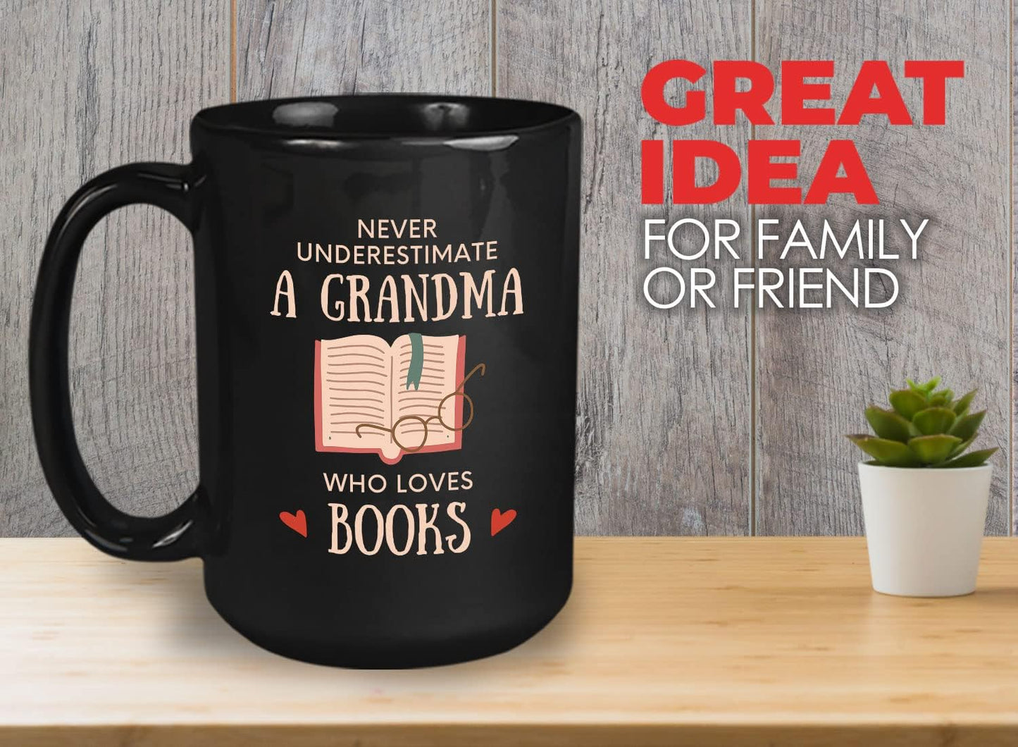 Bubble Hugs Book Lover Coffee Mug 15oz Black - Never Underestimate Grandma - Reading Reader Old Lady Book Lover Bookish Novelist Librarian Writer