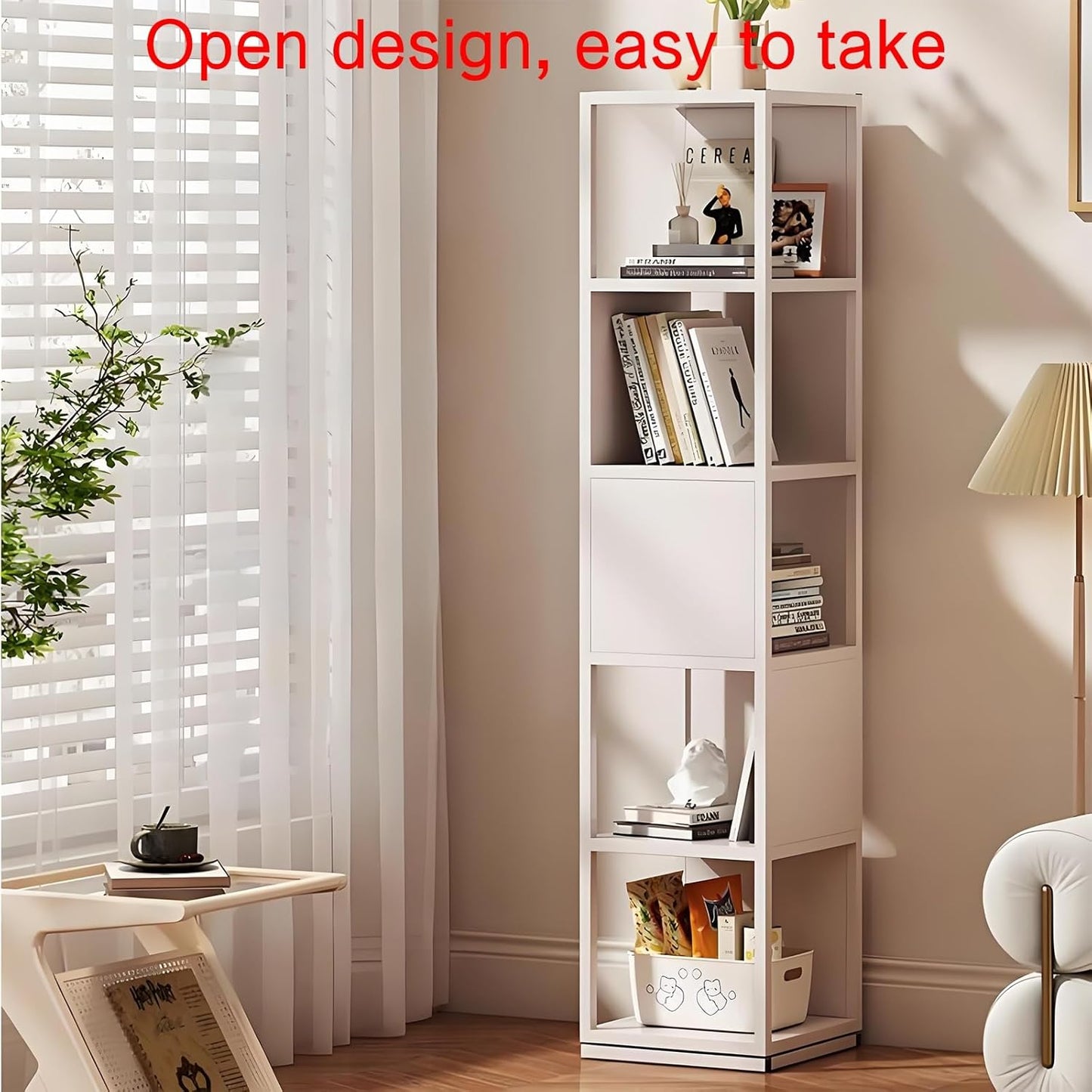 Rotating bookshelf,book shelf,rotating bookshelf,bookshelves,spinning bookshelf,metal bookshelf,rotating book shelf,Suitable for living room, bedroom, study, office, living room corner(White,30x30x63c
