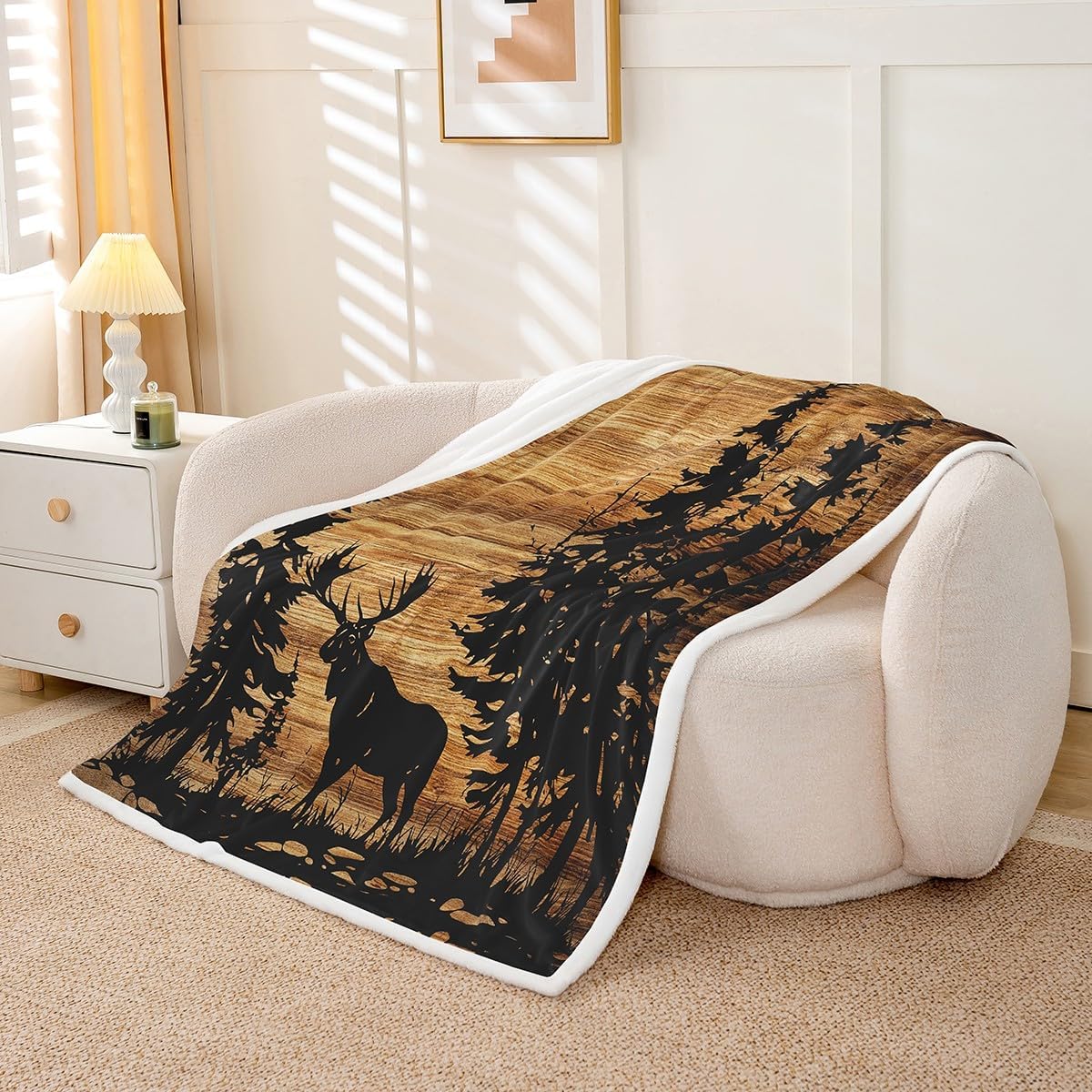 Feelyou Moose Fleece Throw Blanket Twin 60"x80" Rustic Cabin Country Fuzzy Blanket for Bed Sofa Couch Vintage Brown Wood Room Decorations