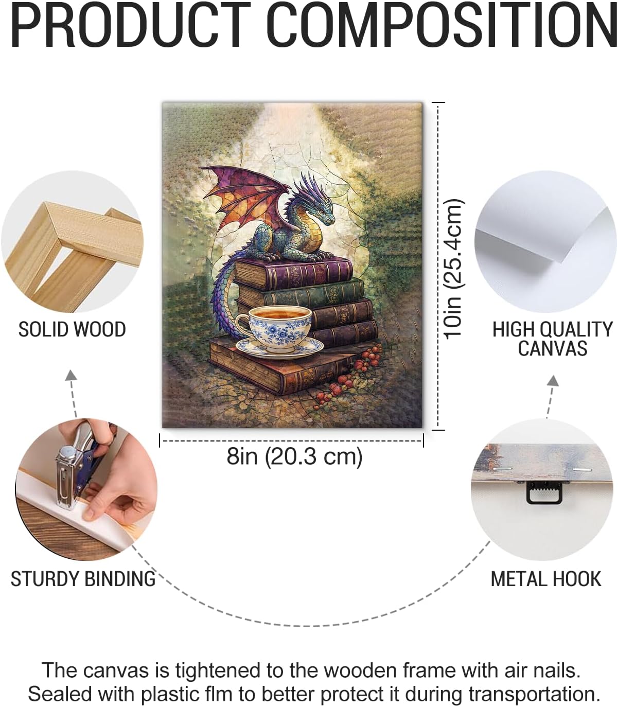 Vintage Dragon Books Wall Art Print - Bookish Dragon Canvas Poster Painting - Book Lover Gifts Wall Decor for Home Reading Nook Library 8x10 Inch Framed