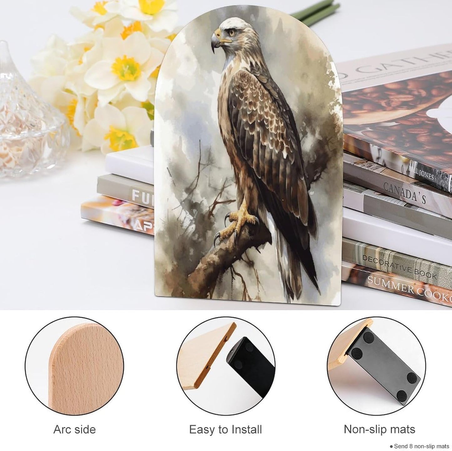 Watercolor of Hawk Sitting in The Tree Bookend for Shelves Wooden Book End Large Size Sturdy Book Holders Stoppers with Metal Base for Bookshelves Slick Decorative Bookends Stands