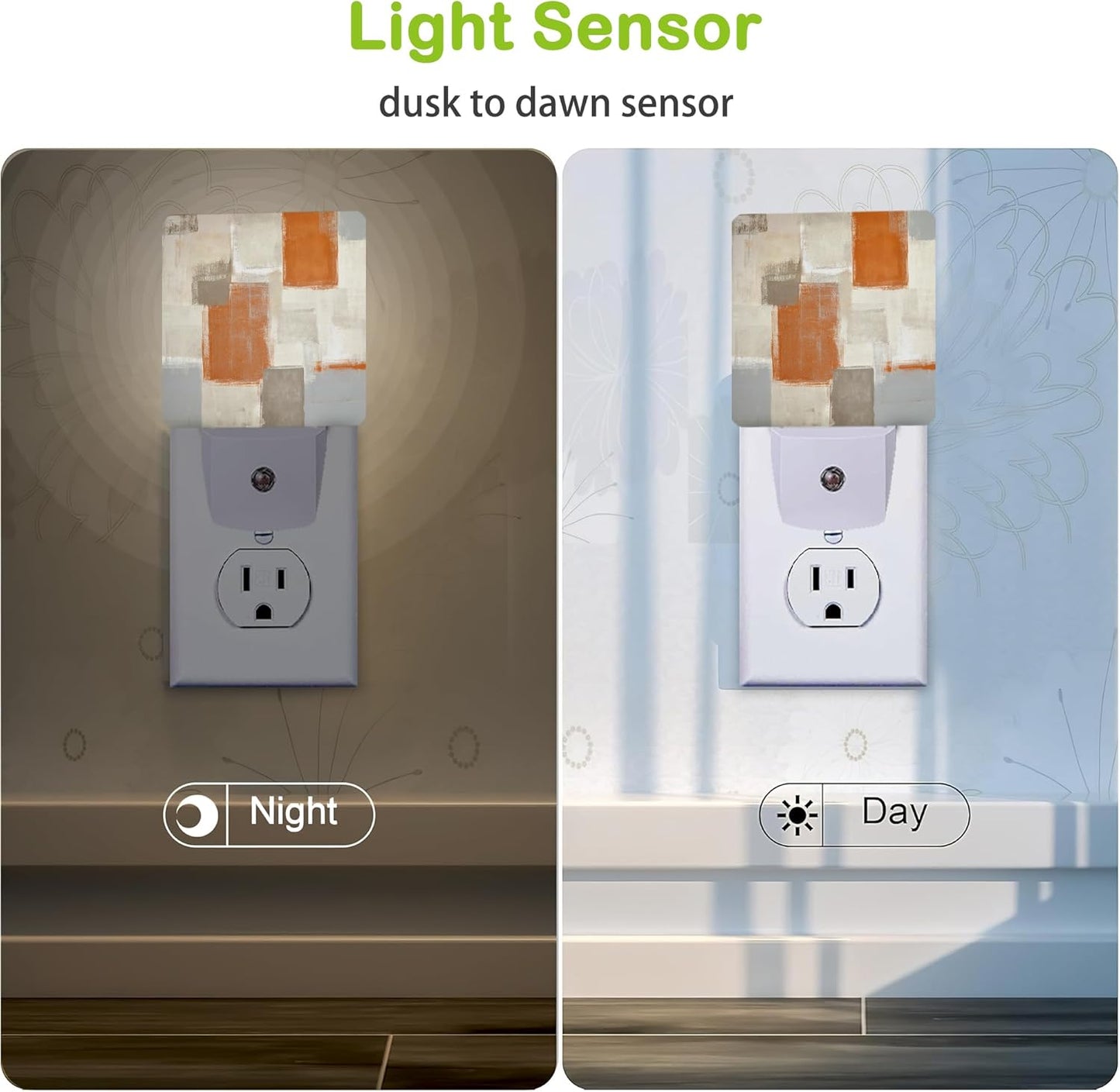 Orange and Grey Night Light, Dusk to Dawn Sensor Abstract Art Painting Night Lights for Bedroom Bathroom Kitchen Hallway Stairs Hallway, Plug into Wall Nightlights