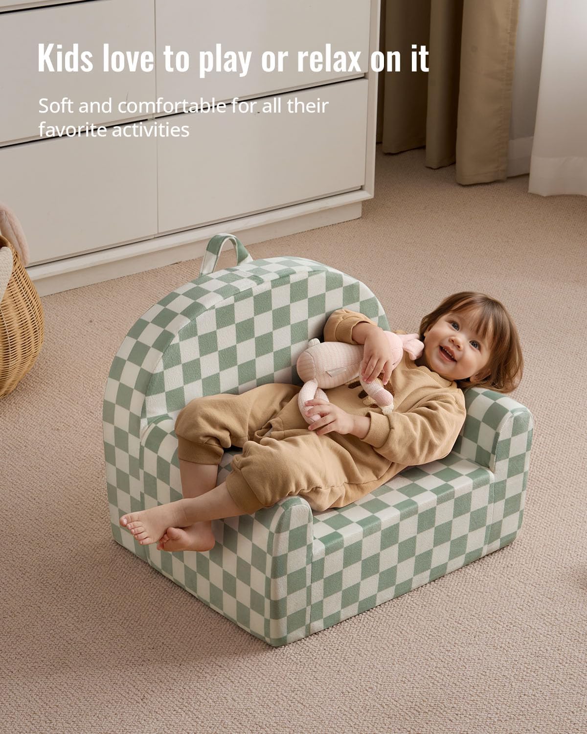 Blissful Diary Toddler Chair, Snuggly Soft Kids Sofa Chair, Supportive Toddler Couch for Boys and Girls, Kids Furniture for Baby Gift, Sage Checkered