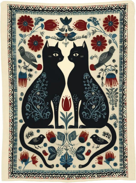 Black Cat Blanket, Folk Art Scandinavian Floral Throw Blanket, Vintage Boho Flower & Bird Decor, Super Soft Flannel Fleece Blanket for Bed Couch, Gift for Cat Lovers 60"x50"