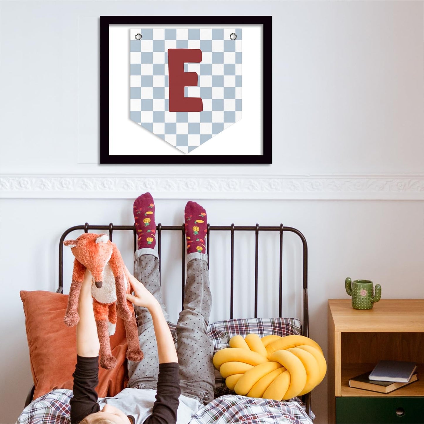 Custom Name Sign Playroom Bedroom Wall Decor Felt Pennant Flag, Kids Room Nursery Wall Art, Name Sign Hanging Decorations for Nursery Toddler Kids Room Decor, Letter E 12x14 Inch