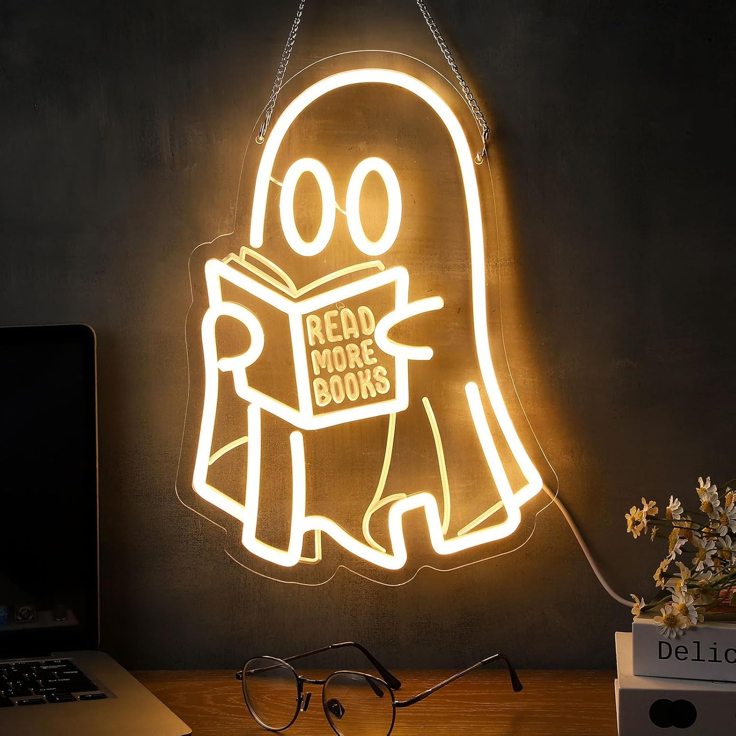 Retisee Ghost Reading Book Lamp Reading Ghost Neon Sign LED Room Hanging Sign Book Neon Light for Bedroom Home Library Read Club Kids Room Store Lover Gifts