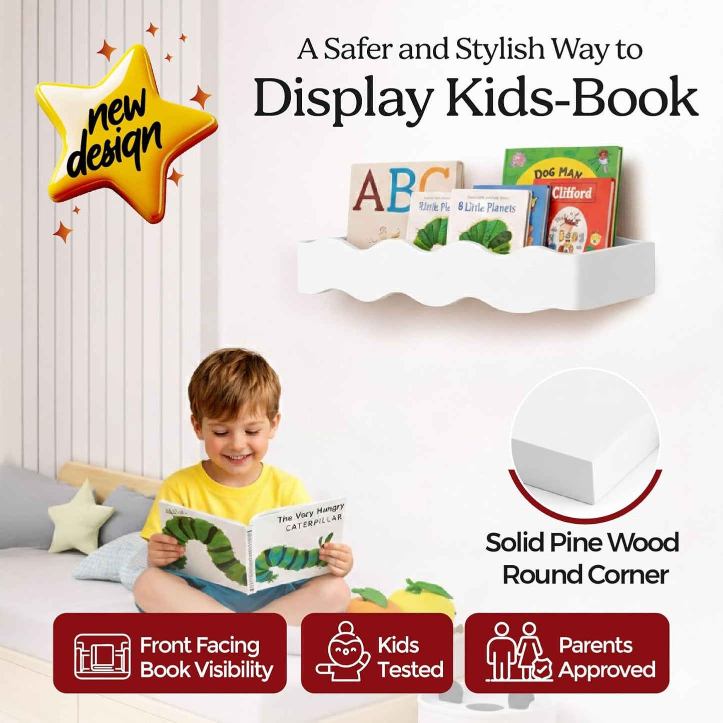 Ovalo Nursery Book Shelves Set of 2 - Solid Pine Wood Nursery Bookshelf, Floating Nursery Shelves for Wall, Wall Bookshelf for Kids Room, No-Assembly Wall Mounted Baby Book Shelf. (White)