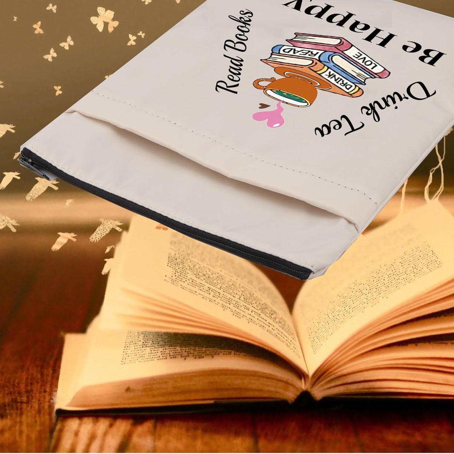 FEELMEM Bookworm Gift Drink Tea Read Books Be Happy Book Sleeve with Zipper Tea Lovers Book Pouch