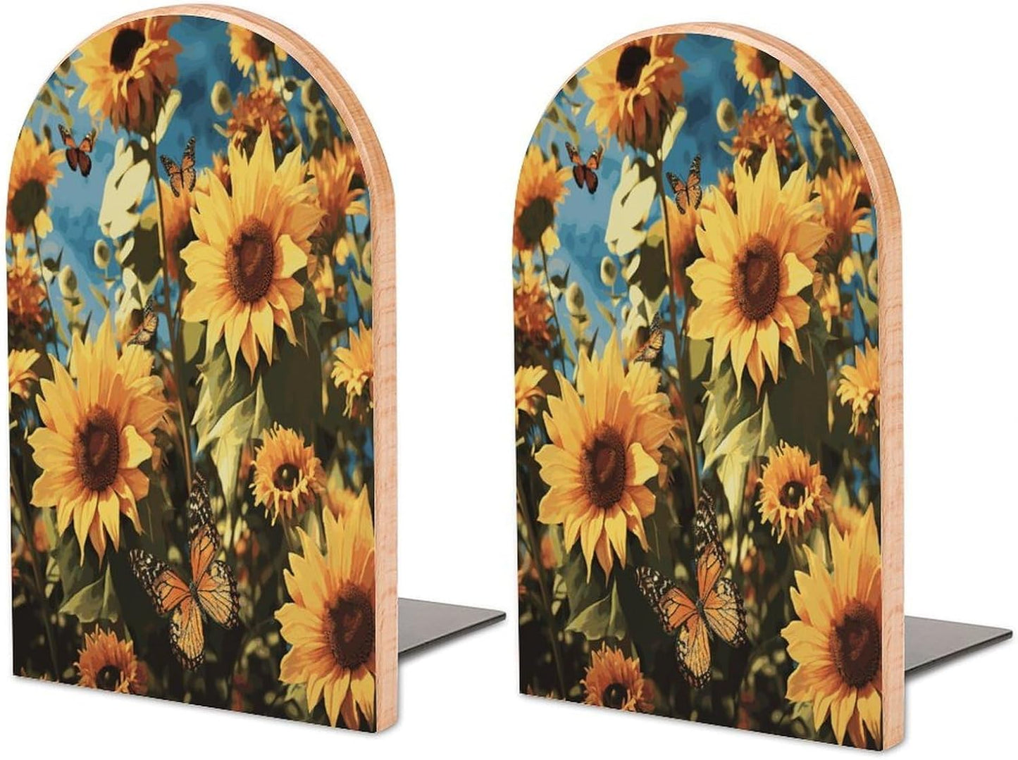 Sunflowers and Butterflies Bookend for Shelves Wooden Book End Large Size Sturdy Book Holders Stoppers with Metal Base for Bookshelves Slick Decorative Bookends Stands