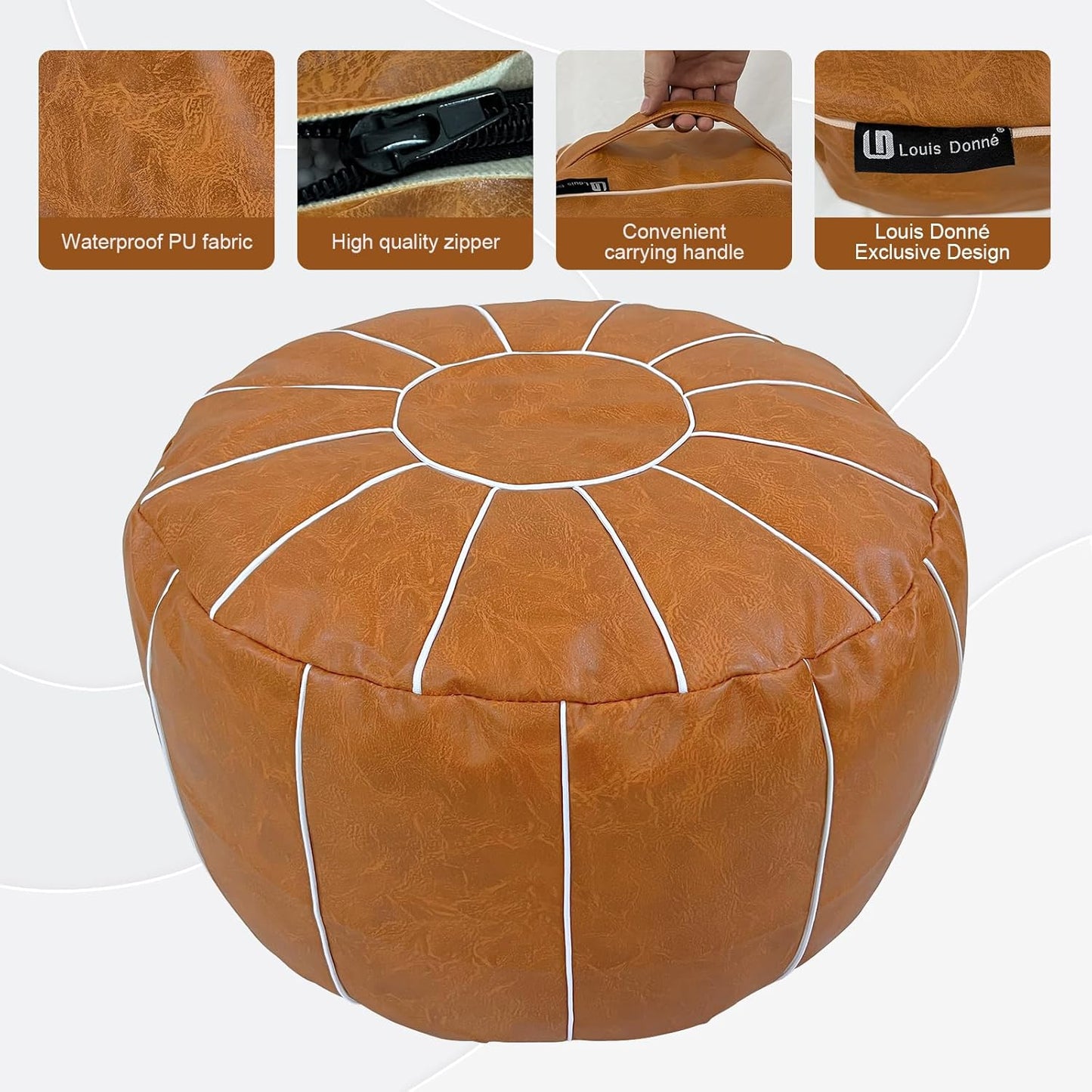 Louis Donné Pouf Ottoman Cover, Handmade Faux PU Leather Moroccan Style, Unstuffed Pouffe Ottomans,20.8" Round Foot Rest for Living Room,Floor Small Bean Bag Chair Gifts for Kids ONLY Cover(Orange)