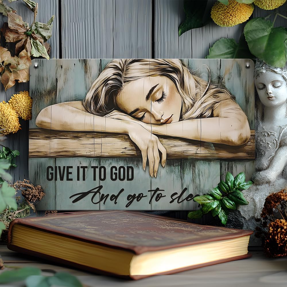 Seeyoo Metal Tin Sign Wall Art - 'Give It to God and Go to Sleep' - Vintage Rustic Metal Sign 7.8 x 11.8 Inch, Christian Home Decor for Bedroom, Living Room, or Gift for Faith Lovers